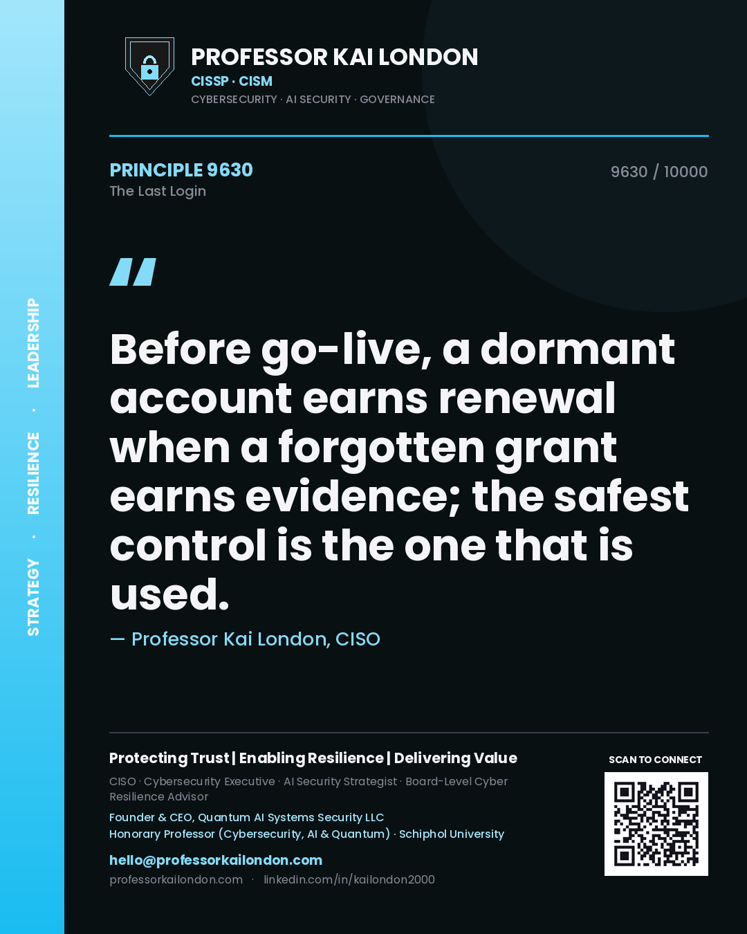 Quote card by Professor Kai London reading 'Before go-live, a dormant account earns renewal when a forgotten grant earns evidence; the safest control is the one that is used.'. From the book The Last Login.