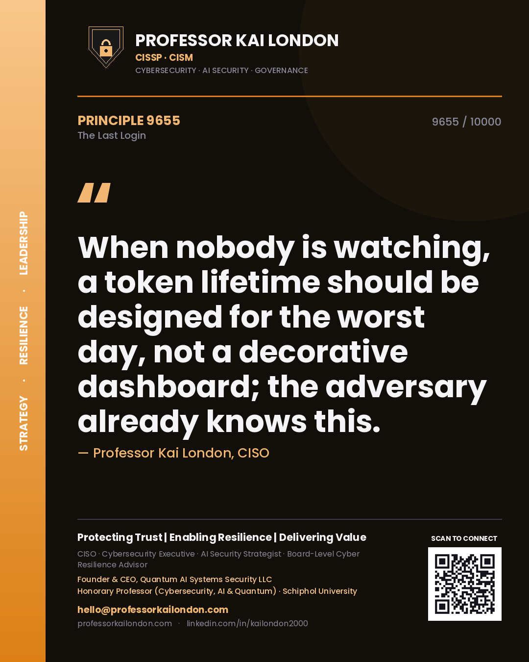 Quote card by Professor Kai London reading 'When nobody is watching, a token lifetime should be designed for the worst day, not a decorative dashboard; the adversary already knows this.'. From the book The Last Login.