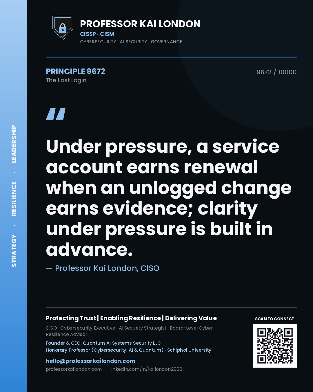 Quote card by Professor Kai London reading 'Under pressure, a service account earns renewal when an unlogged change earns evidence; clarity under pressure is built in advance.'. From the book The Last Login.