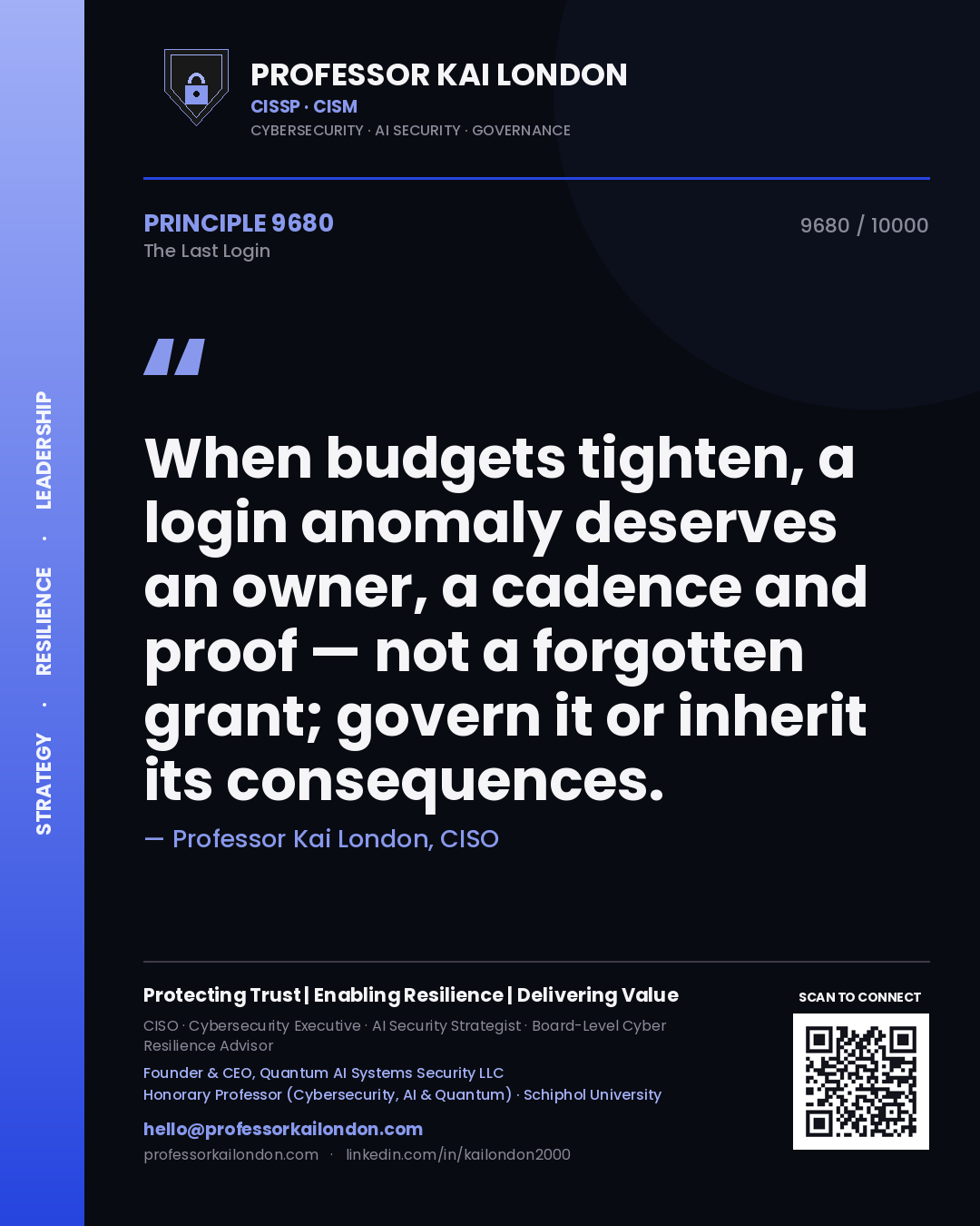 Quote card by Professor Kai London reading 'When budgets tighten, a login anomaly deserves an owner, a cadence and proof — not a forgotten grant; govern it or inherit its consequences.'. From the book The Last Login.