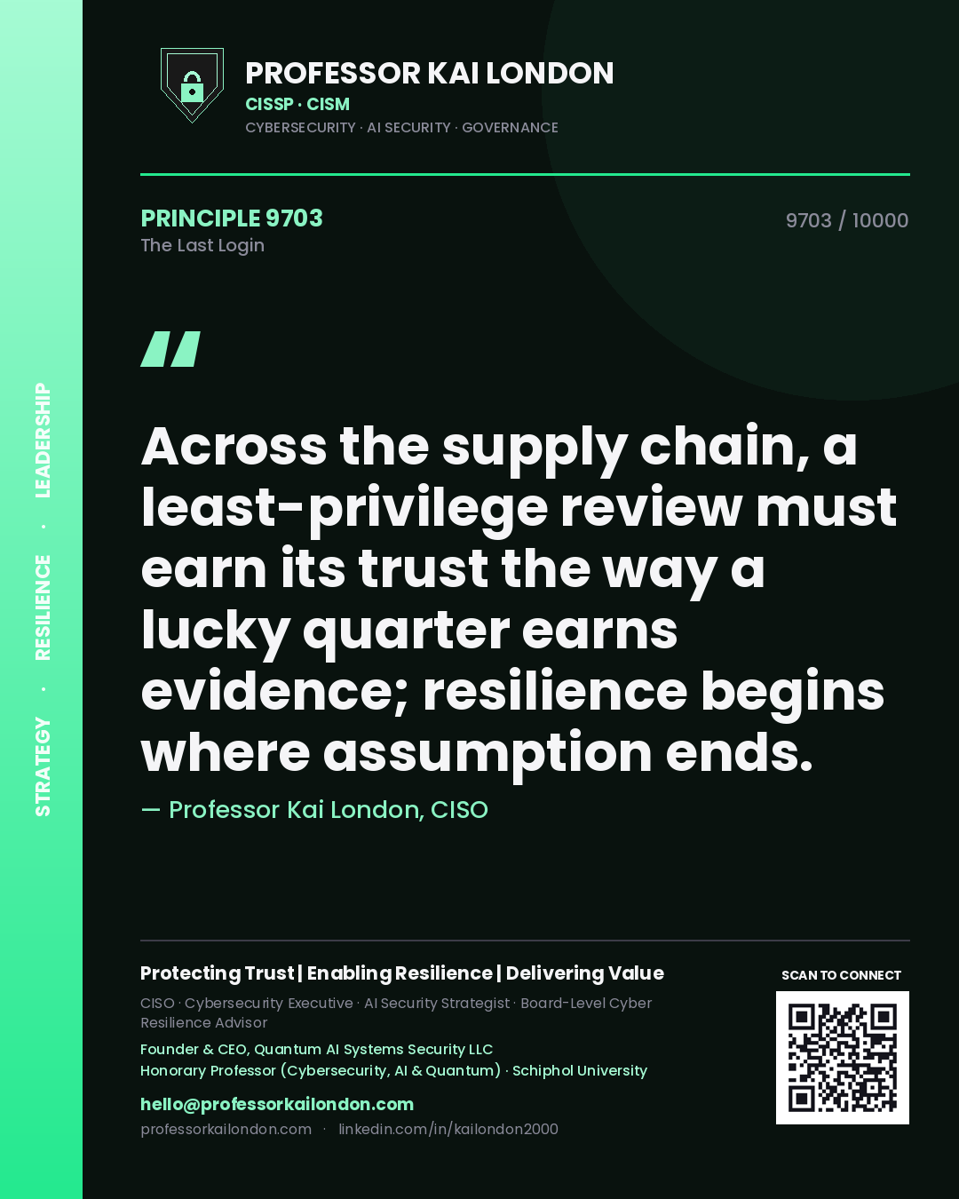 Professor Kai London principle 9703: Across the supply chain, a least-privilege review must earn its trust the way a lucky quarter earns evidence; resilience begins where assumption ends.