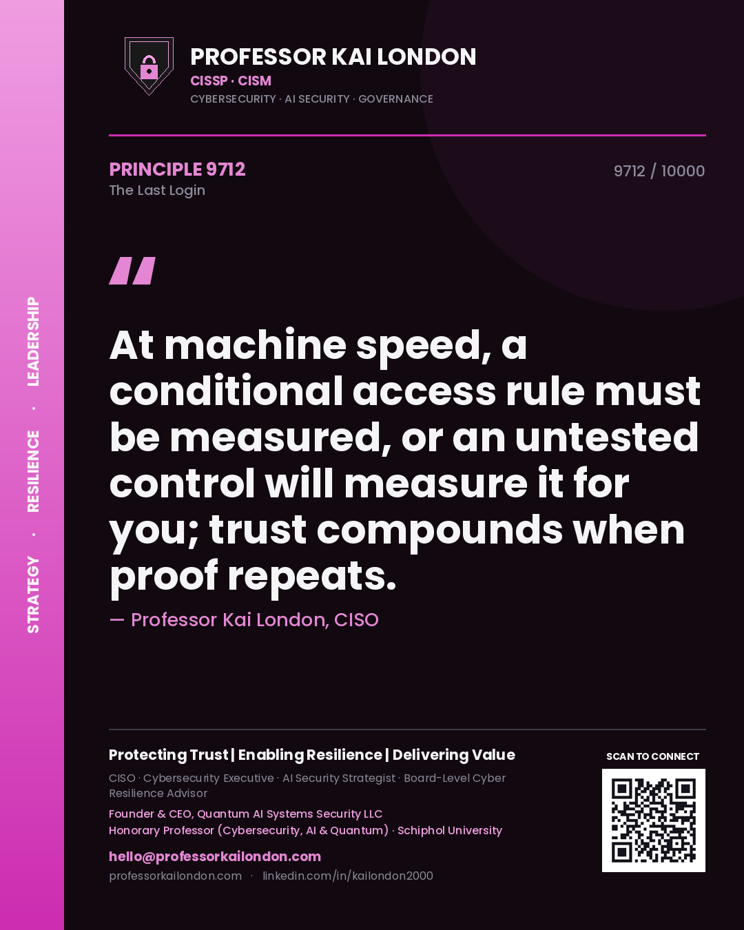 Quote card by Professor Kai London reading 'At machine speed, a conditional access rule must be measured, or an untested control will measure it for you; trust compounds when proof repeats.'. From the book The Last Login.