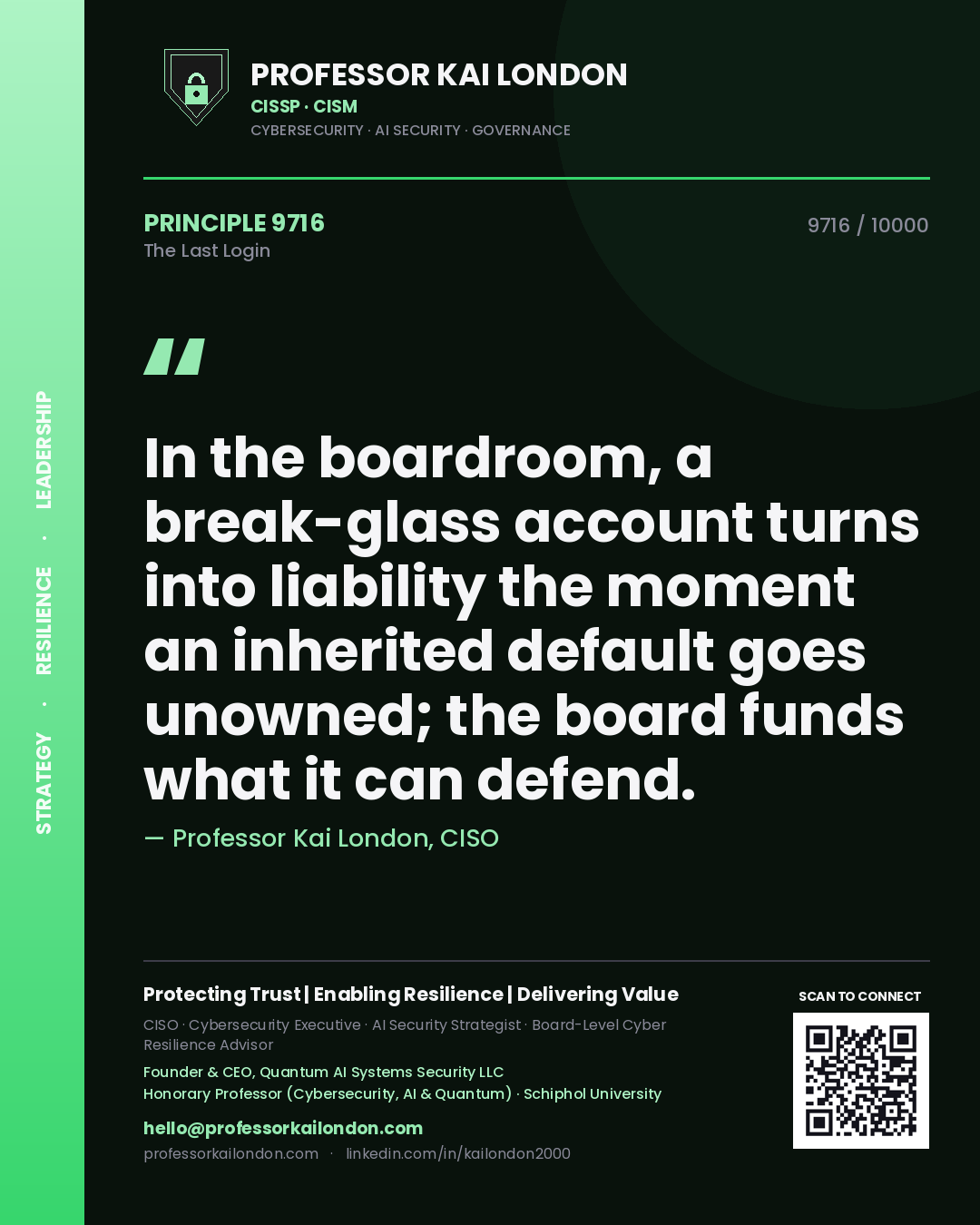 Quote card by Professor Kai London reading 'In the boardroom, a break-glass account turns into liability the moment an inherited default goes unowned; the board funds what it can defend.'. From the book The Last Login.