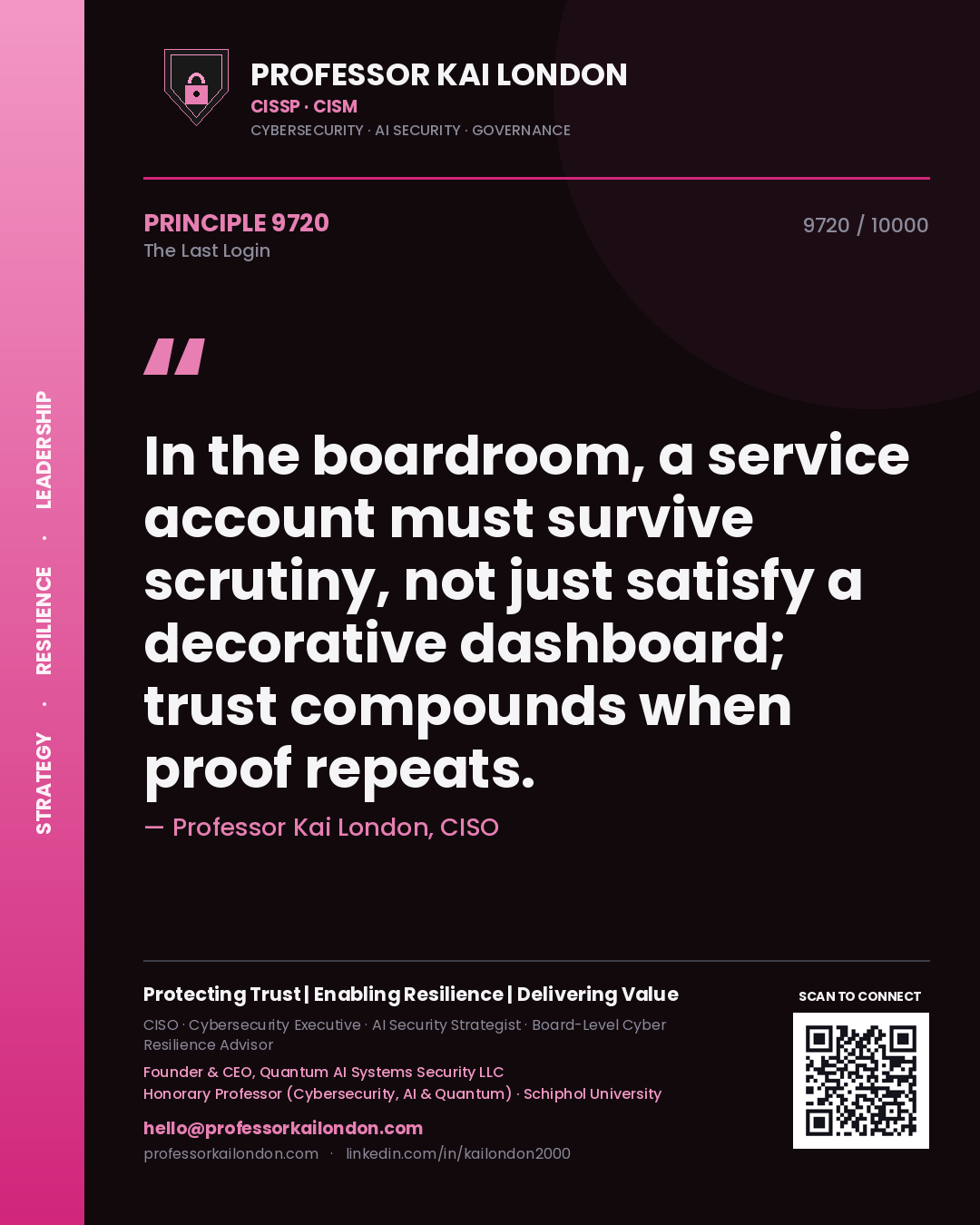 Quote card by Professor Kai London reading 'In the boardroom, a service account must survive scrutiny, not just satisfy a decorative dashboard; trust compounds when proof repeats.'. From the book The Last Login.