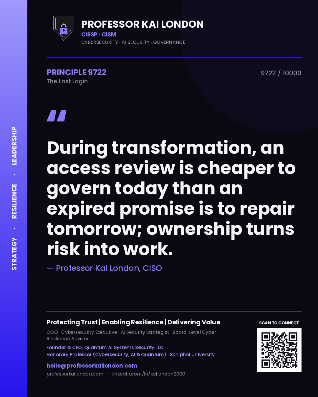 Quote card by Professor Kai London reading 'During transformation, an access review is cheaper to govern today than an expired promise is to repair tomorrow; ownership turns risk into work.'. From the book The Last Login.