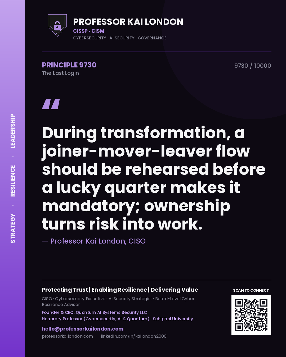 Quote card by Professor Kai London reading 'During transformation, a joiner-mover-leaver flow should be rehearsed before a lucky quarter makes it mandatory; ownership turns risk into work.'. From the book The Last Login.