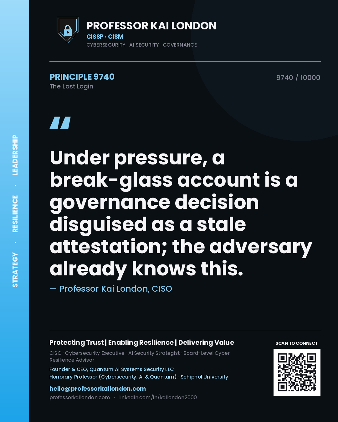 Quote card by Professor Kai London reading 'Under pressure, a break-glass account is a governance decision disguised as a stale attestation; the adversary already knows this.'. From the book The Last Login.