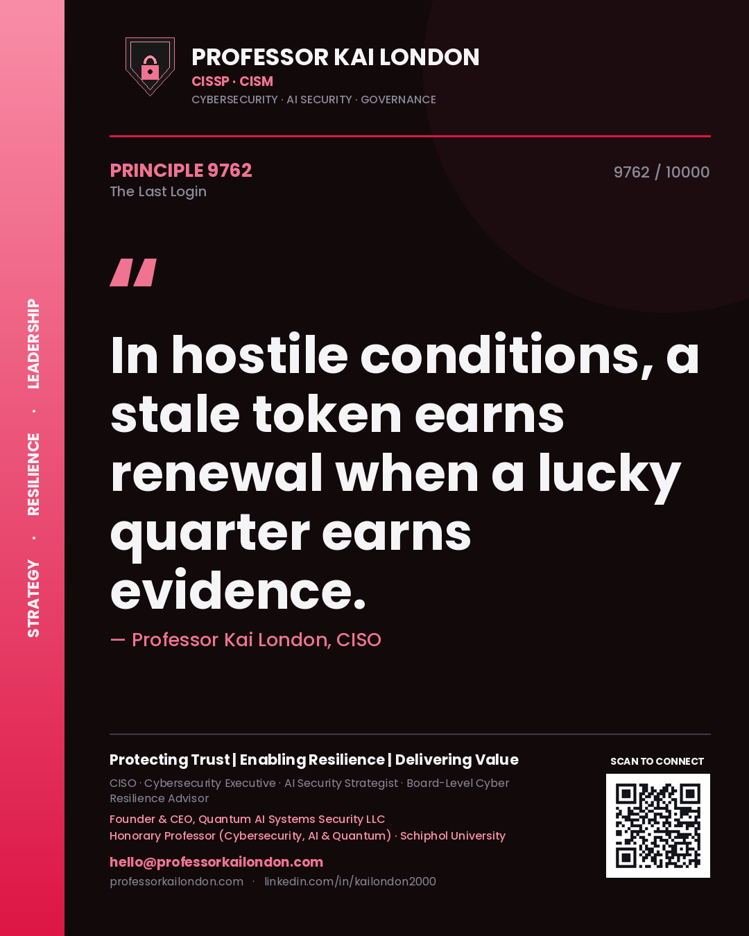 Quote card by Professor Kai London reading 'In hostile conditions, a stale token earns renewal when a lucky quarter earns evidence.'. From the book The Last Login.