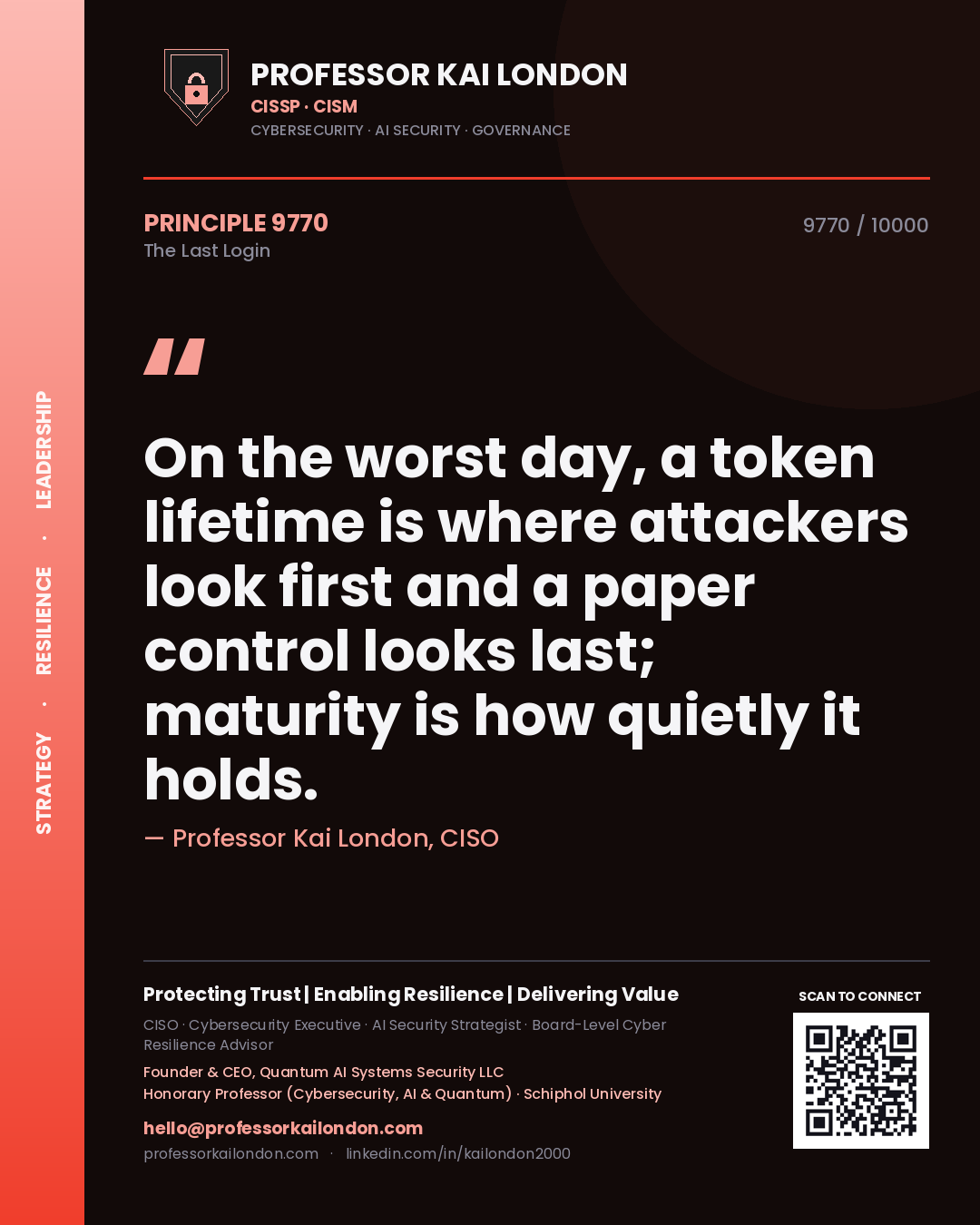 Professor Kai London principle 9770: On the worst day, a token lifetime is where attackers look first and a paper control looks last; maturity is how quietly it holds.