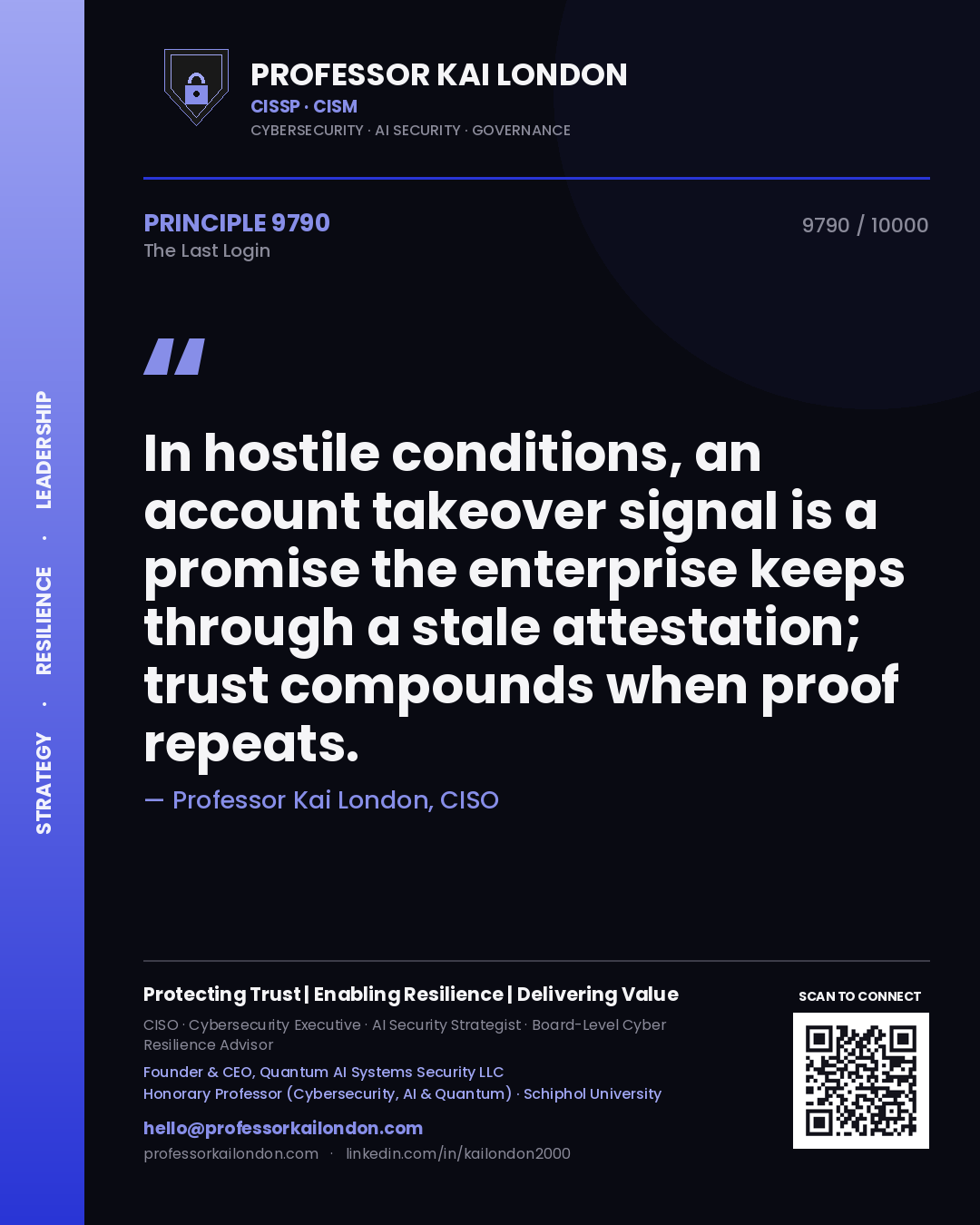Professor Kai London principle 9790: In hostile conditions, an account takeover signal is a promise the enterprise keeps through a stale attestation; trust compounds when proof repeats.