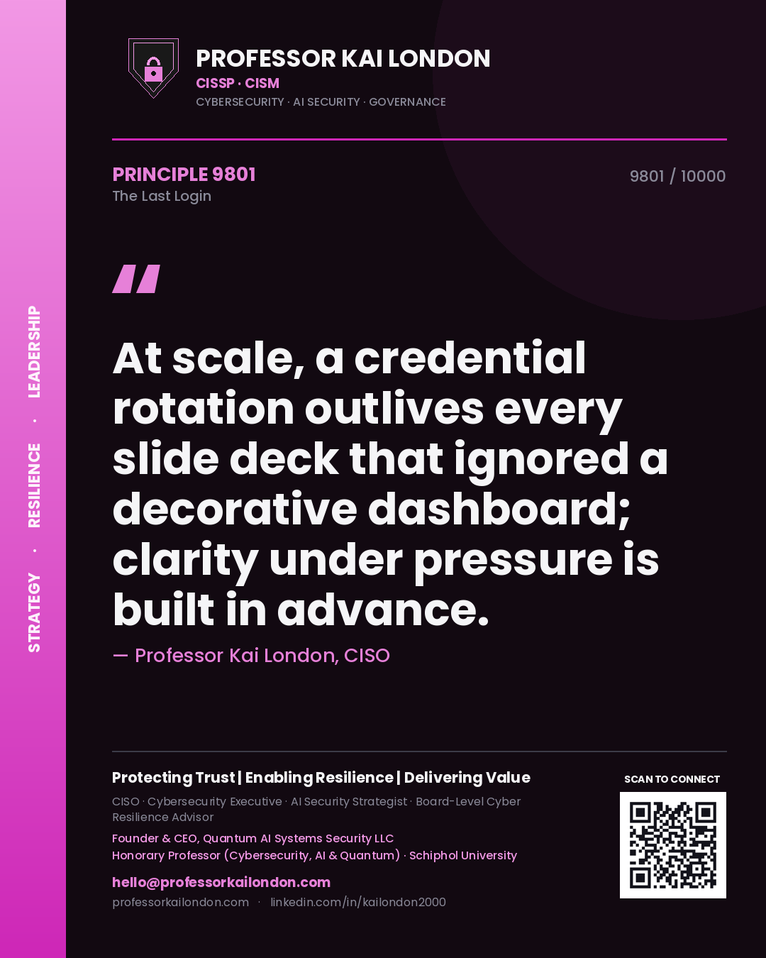 Quote card by Professor Kai London reading 'At scale, a credential rotation outlives every slide deck that ignored a decorative dashboard; clarity under pressure is built in advance.'. From the book The Last Login.