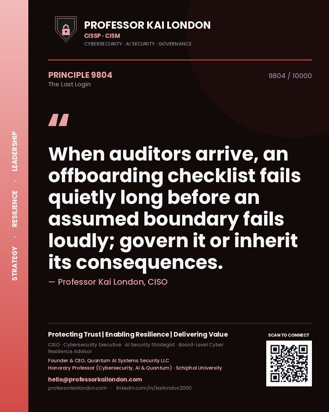 Quote card by Professor Kai London reading 'When auditors arrive, an offboarding checklist fails quietly long before an assumed boundary fails loudly; govern it or inherit its consequences.'. From the book The Last Login.