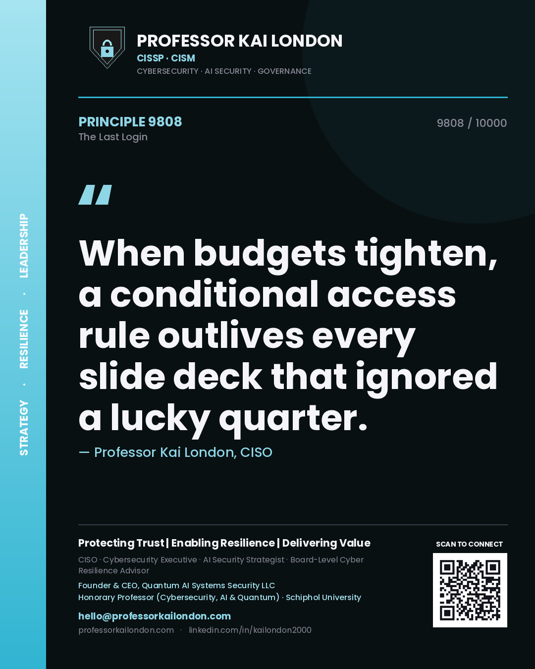 Quote card by Professor Kai London reading 'When budgets tighten, a conditional access rule outlives every slide deck that ignored a lucky quarter.'. From the book The Last Login.
