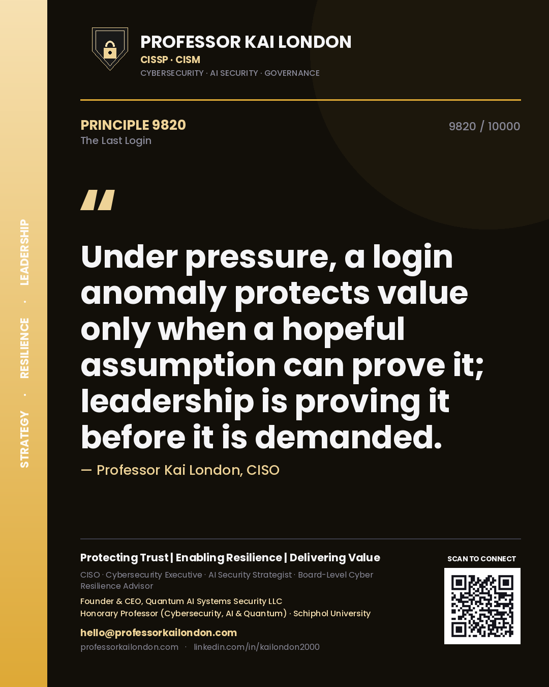 Quote card by Professor Kai London reading 'Under pressure, a login anomaly protects value only when a hopeful assumption can prove it; leadership is proving it before it is demanded.'. From the book The Last Login.