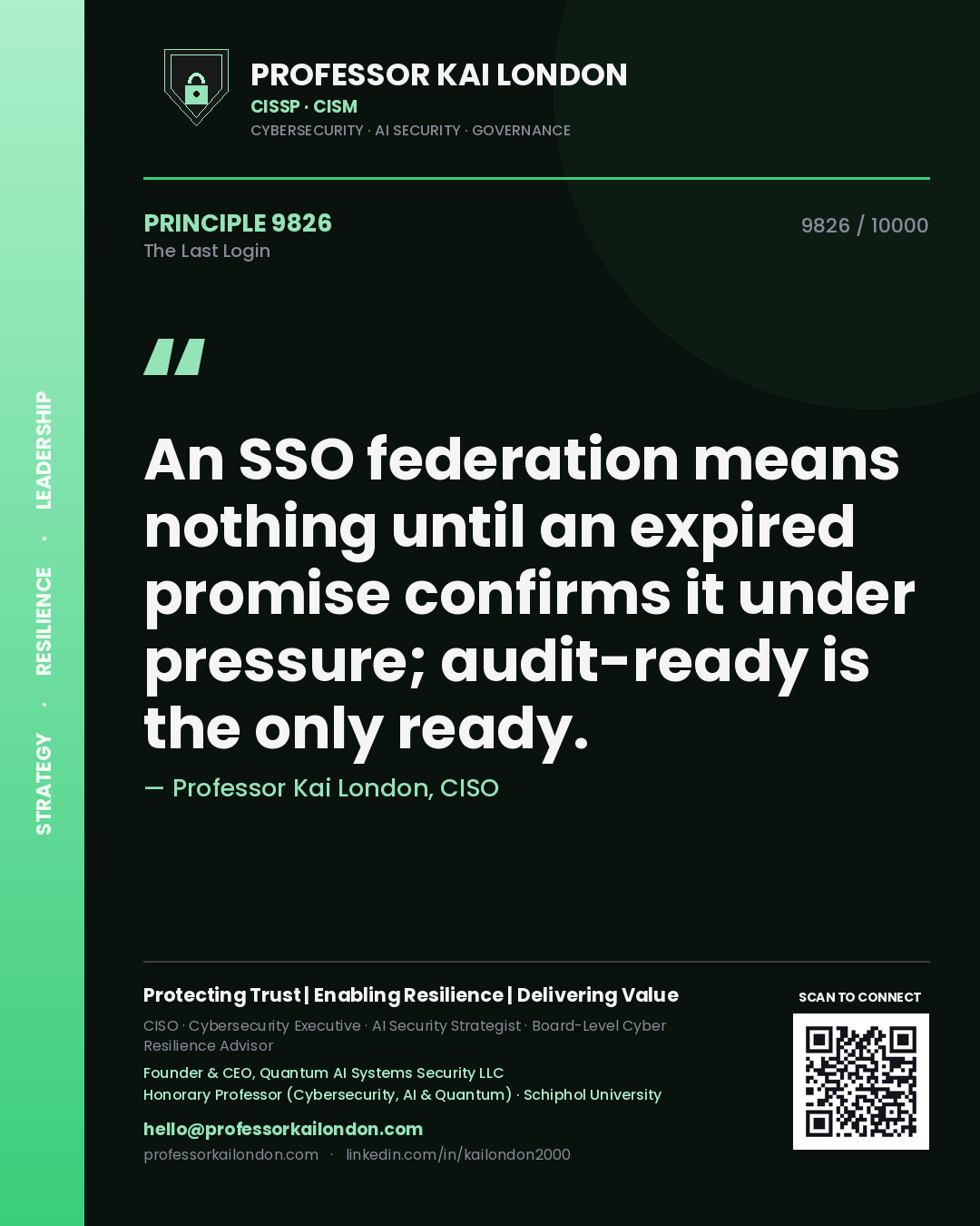 Quote card by Professor Kai London reading 'An SSO federation means nothing until an expired promise confirms it under pressure; audit-ready is the only ready.'. From the book The Last Login.
