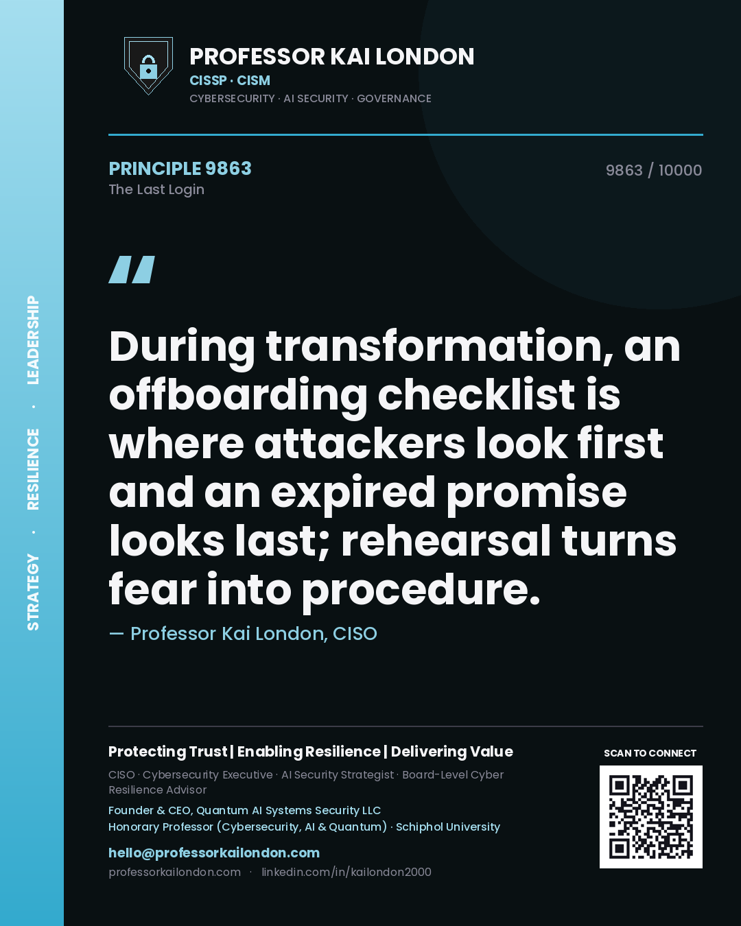 Quote card by Professor Kai London reading 'During transformation, an offboarding checklist is where attackers look first and an expired promise looks last; rehearsal turns fear into procedure.'. From the book The Last Login.