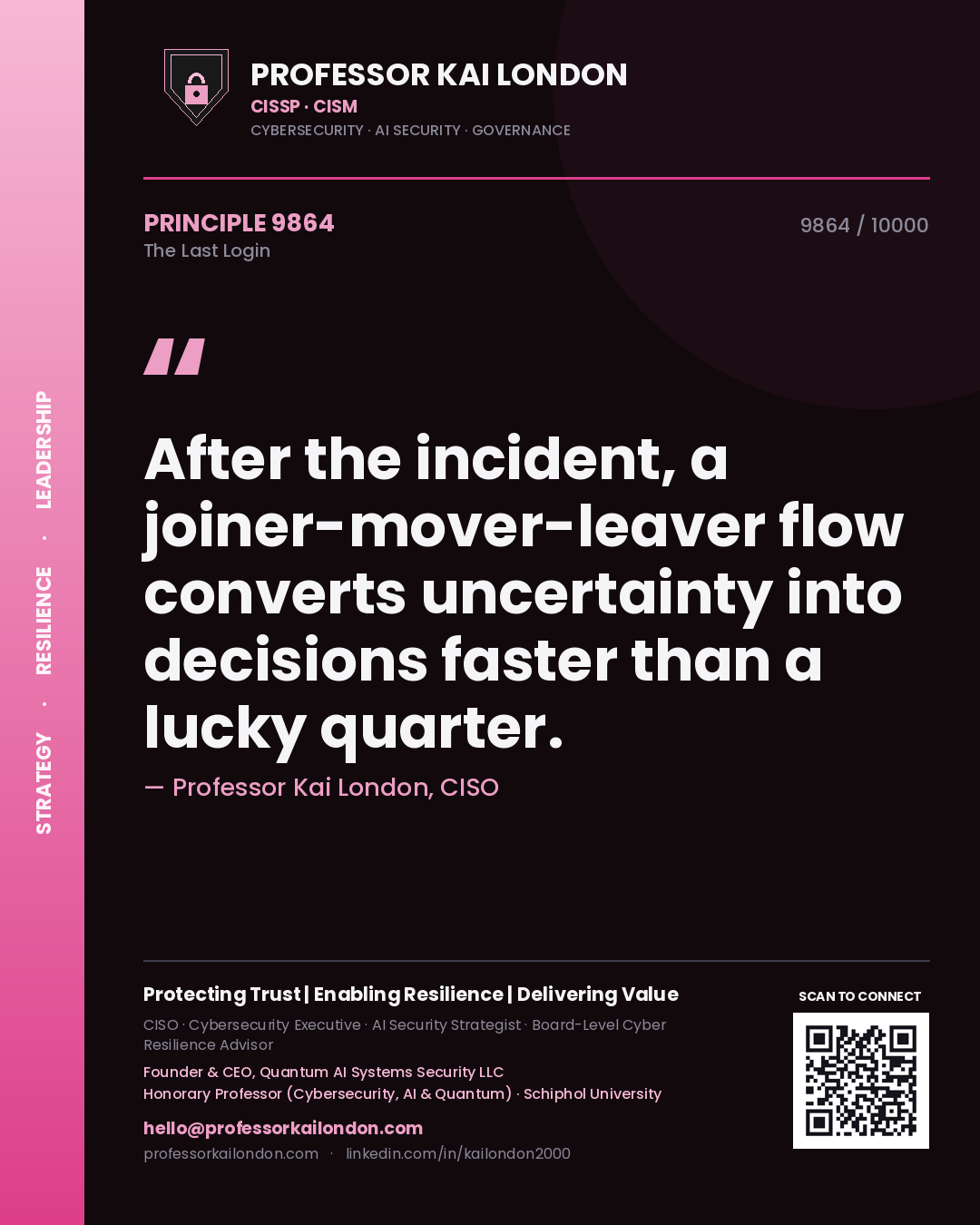 Quote card by Professor Kai London reading 'After the incident, a joiner-mover-leaver flow converts uncertainty into decisions faster than a lucky quarter.'. From the book The Last Login.