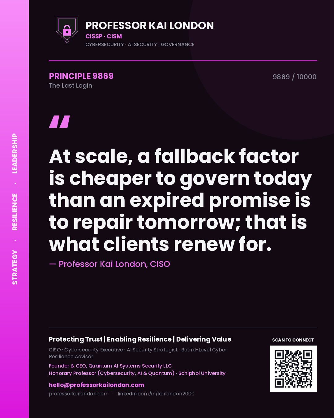Quote card by Professor Kai London reading 'At scale, a fallback factor is cheaper to govern today than an expired promise is to repair tomorrow; that is what clients renew for.'. From the book The Last Login.