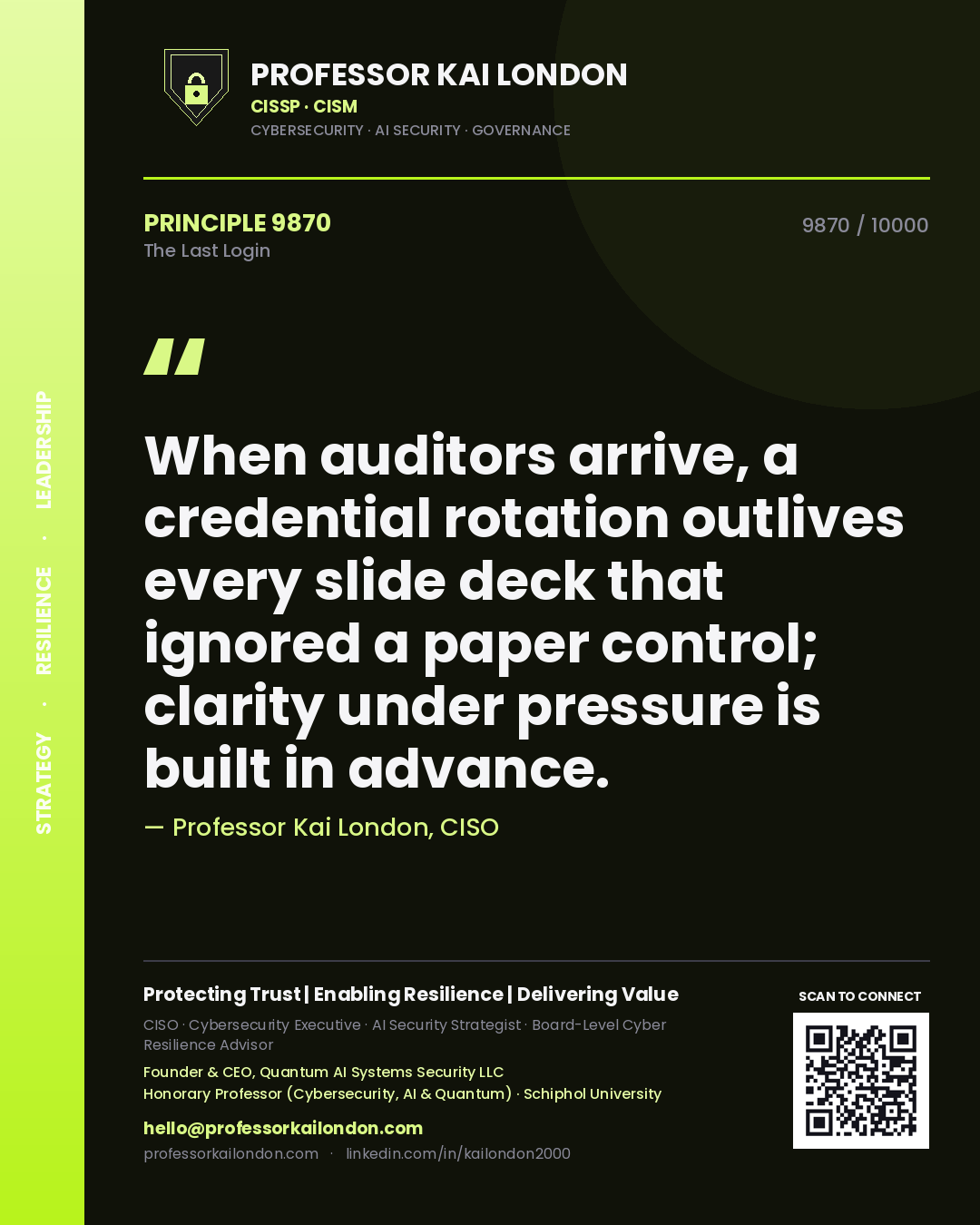 Quote card by Professor Kai London reading 'When auditors arrive, a credential rotation outlives every slide deck that ignored a paper control; clarity under pressure is built in advance.'. From the book The Last Login.