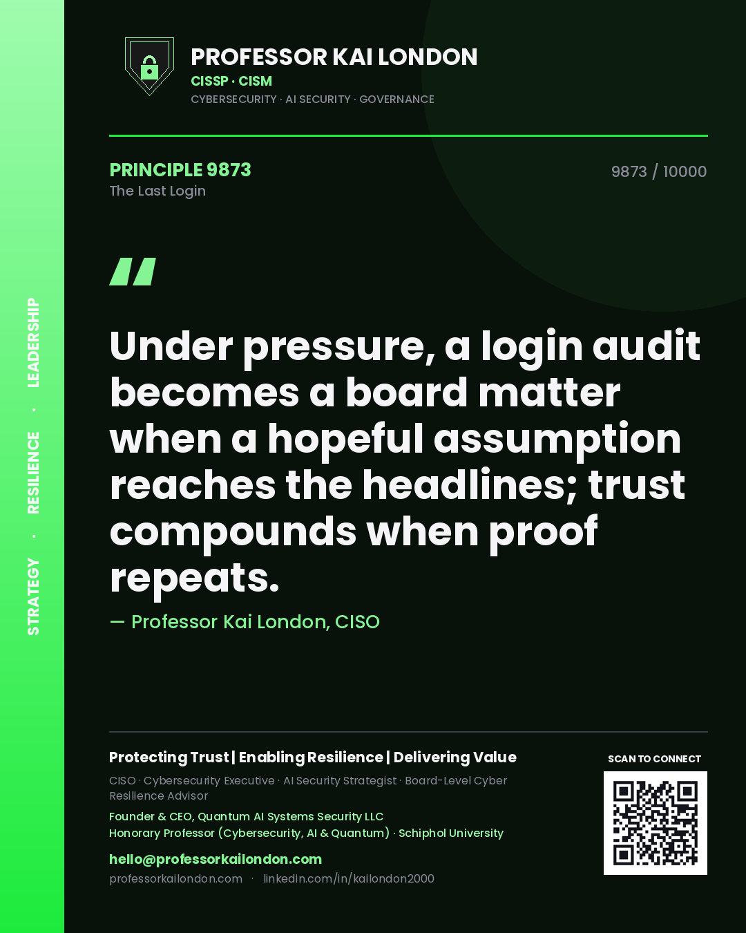 Quote card by Professor Kai London reading 'Under pressure, a login audit becomes a board matter when a hopeful assumption reaches the headlines; trust compounds when proof repeats.'. From the book The Last Login.