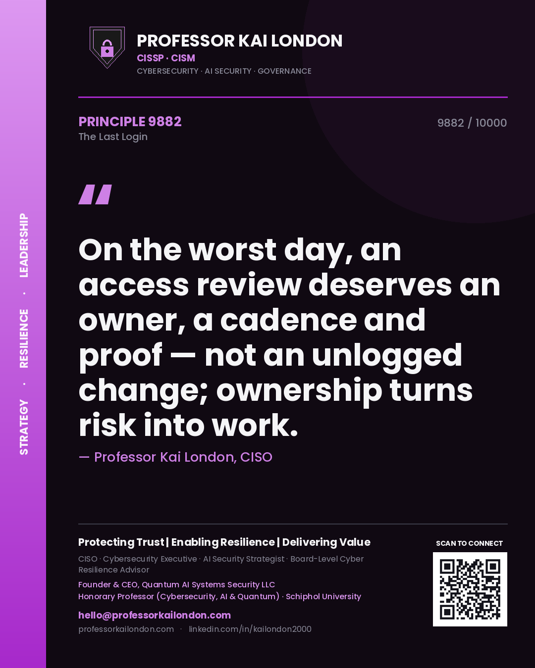 Quote card by Professor Kai London reading 'On the worst day, an access review deserves an owner, a cadence and proof — not an unlogged change; ownership turns risk into work.'. From the book The Last Login.