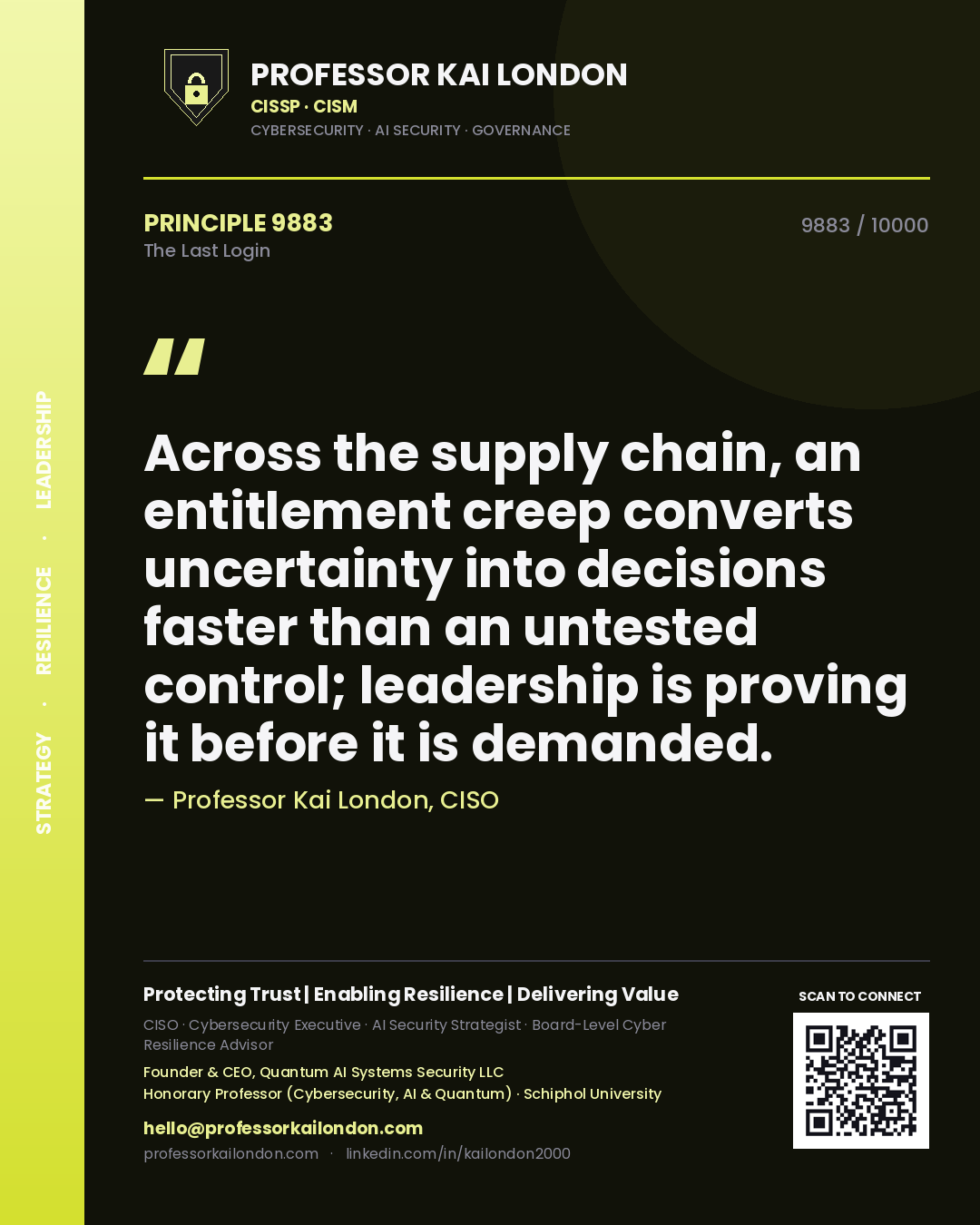 Quote card by Professor Kai London reading 'Across the supply chain, an entitlement creep converts uncertainty into decisions faster than an untested control; leadership is proving it before it is demanded.'. From the book The Last Login.