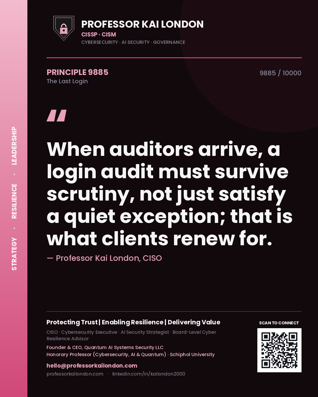 Quote card by Professor Kai London reading 'When auditors arrive, a login audit must survive scrutiny, not just satisfy a quiet exception; that is what clients renew for.'. From the book The Last Login.