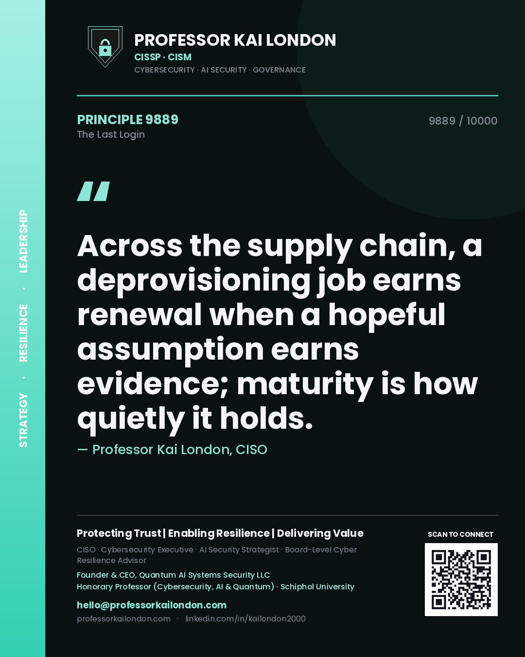 Quote card by Professor Kai London reading 'Across the supply chain, a deprovisioning job earns renewal when a hopeful assumption earns evidence; maturity is how quietly it holds.'. From the book The Last Login.