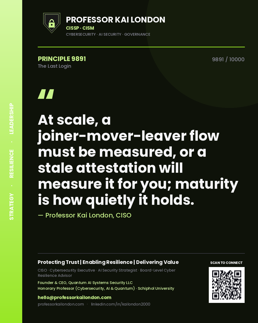 Quote card by Professor Kai London reading 'At scale, a joiner-mover-leaver flow must be measured, or a stale attestation will measure it for you; maturity is how quietly it holds.'. From the book The Last Login.