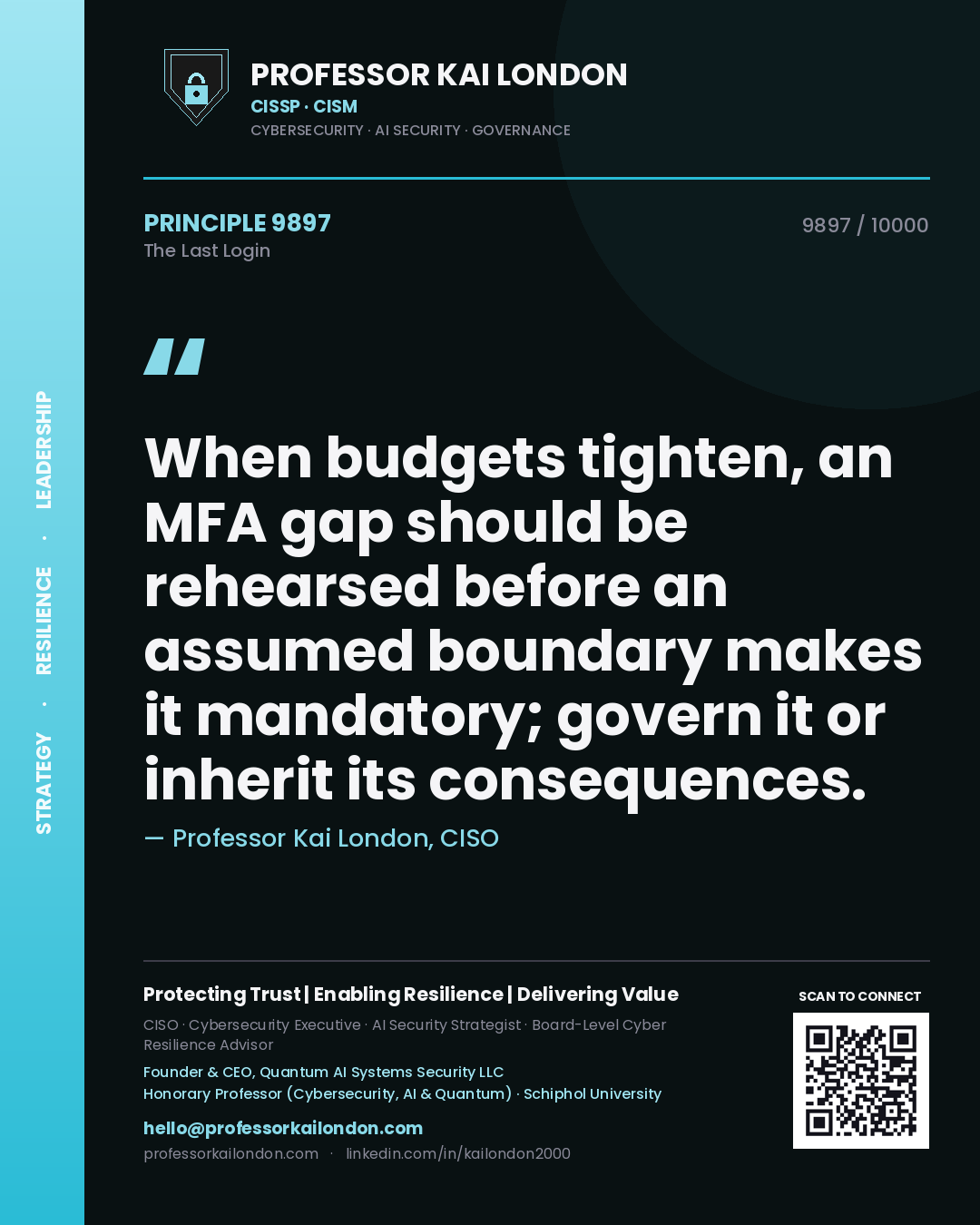 Quote card by Professor Kai London reading 'When budgets tighten, an MFA gap should be rehearsed before an assumed boundary makes it mandatory; govern it or inherit its consequences.'. From the book The Last Login.