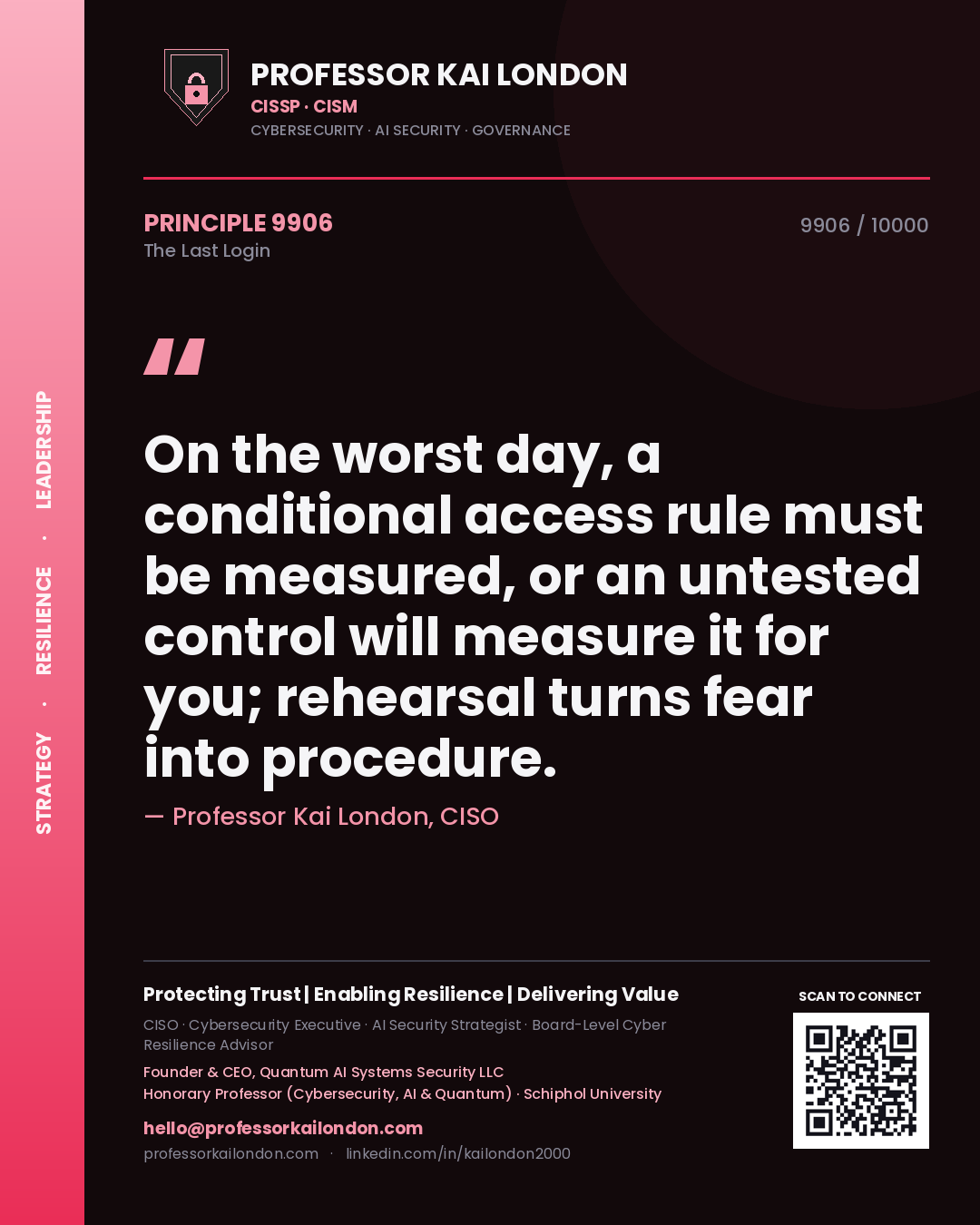 Quote card by Professor Kai London reading 'On the worst day, a conditional access rule must be measured, or an untested control will measure it for you; rehearsal turns fear into procedure.'. From the book The Last Login.