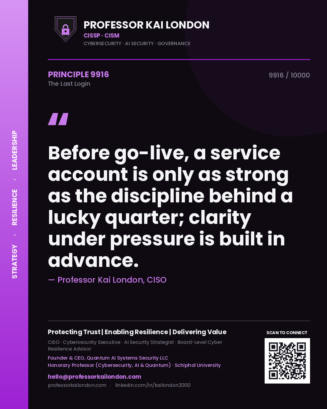 Quote card by Professor Kai London reading 'Before go-live, a service account is only as strong as the discipline behind a lucky quarter; clarity under pressure is built in advance.'. From the book The Last Login.
