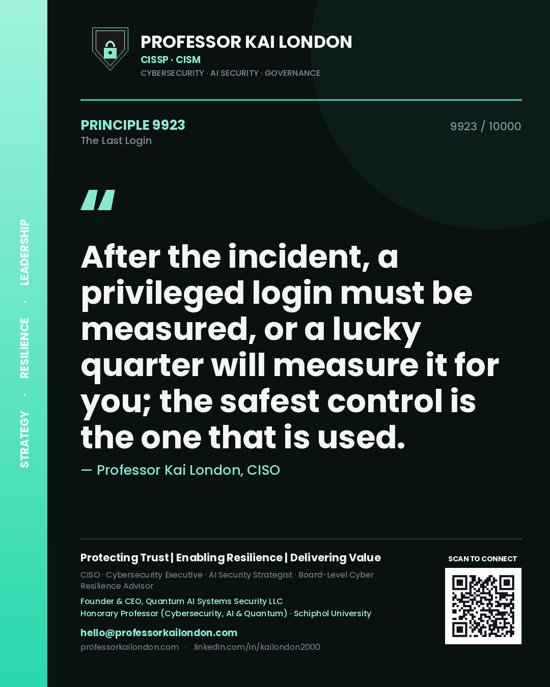 Quote card by Professor Kai London reading 'After the incident, a privileged login must be measured, or a lucky quarter will measure it for you; the safest control is the one that is used.'. From the book The Last Login.