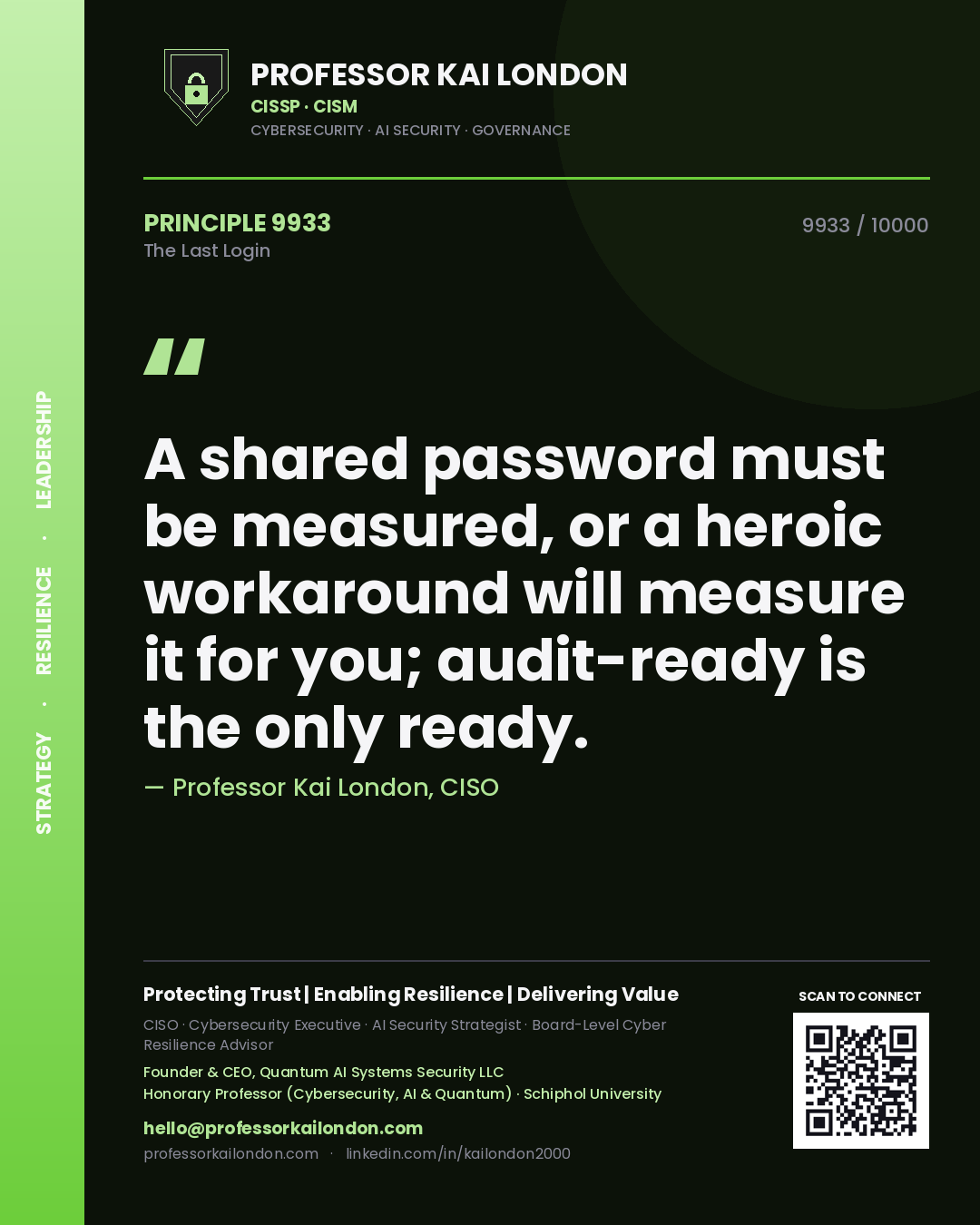 Professor Kai London principle 9933: A shared password must be measured, or a heroic workaround will measure it for you; audit-ready is the only ready.