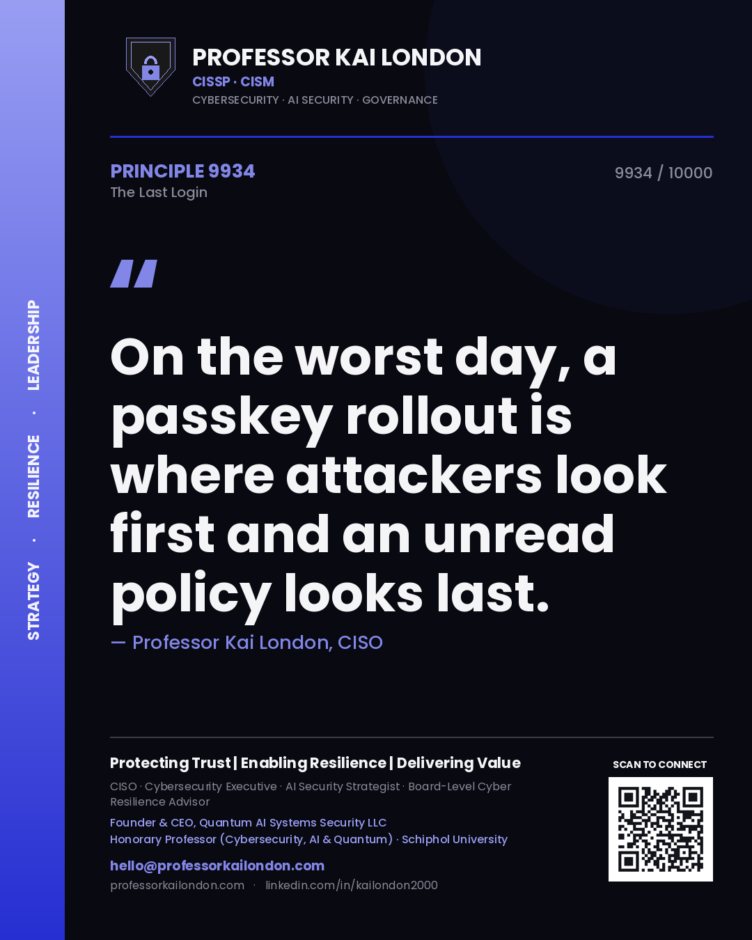 Professor Kai London principle 9934: On the worst day, a passkey rollout is where attackers look first and an unread policy looks last.