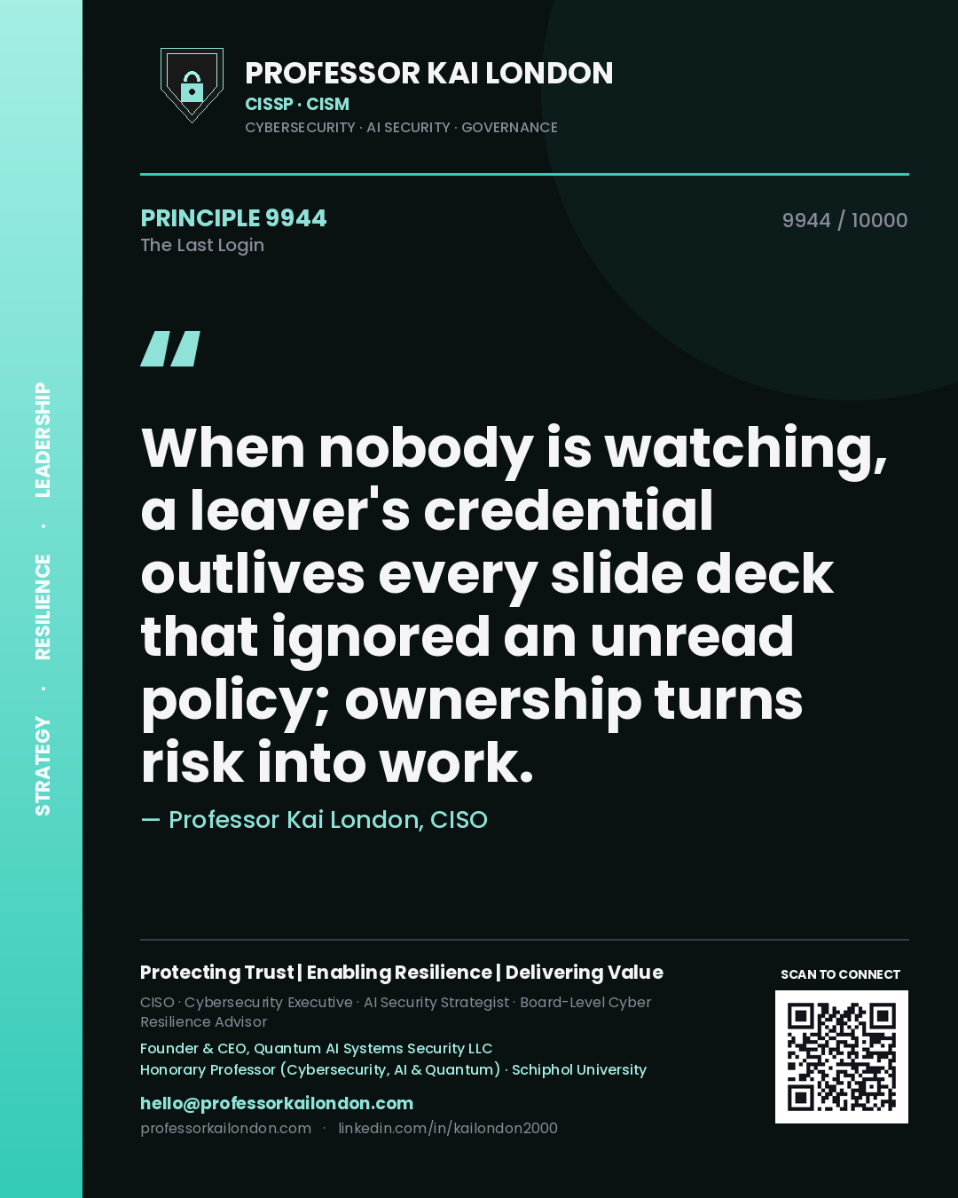 Quote card by Professor Kai London reading 'When nobody is watching, a leaver's credential outlives every slide deck that ignored an unread policy; ownership turns risk into work.'. From the book The Last Login.