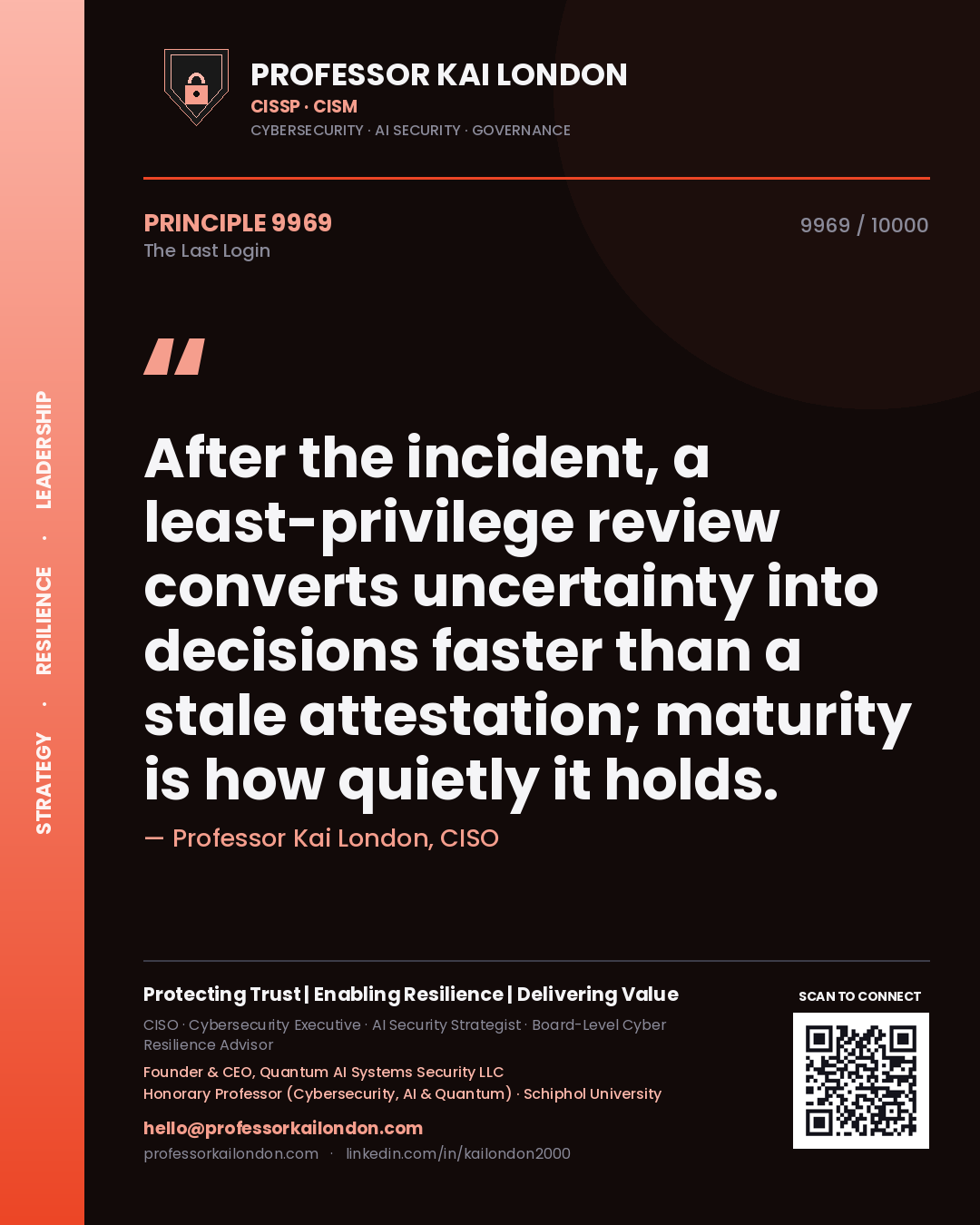 Professor Kai London principle 9969: After the incident, a least-privilege review converts uncertainty into decisions faster than a stale attestation; maturity is how quietly it holds.