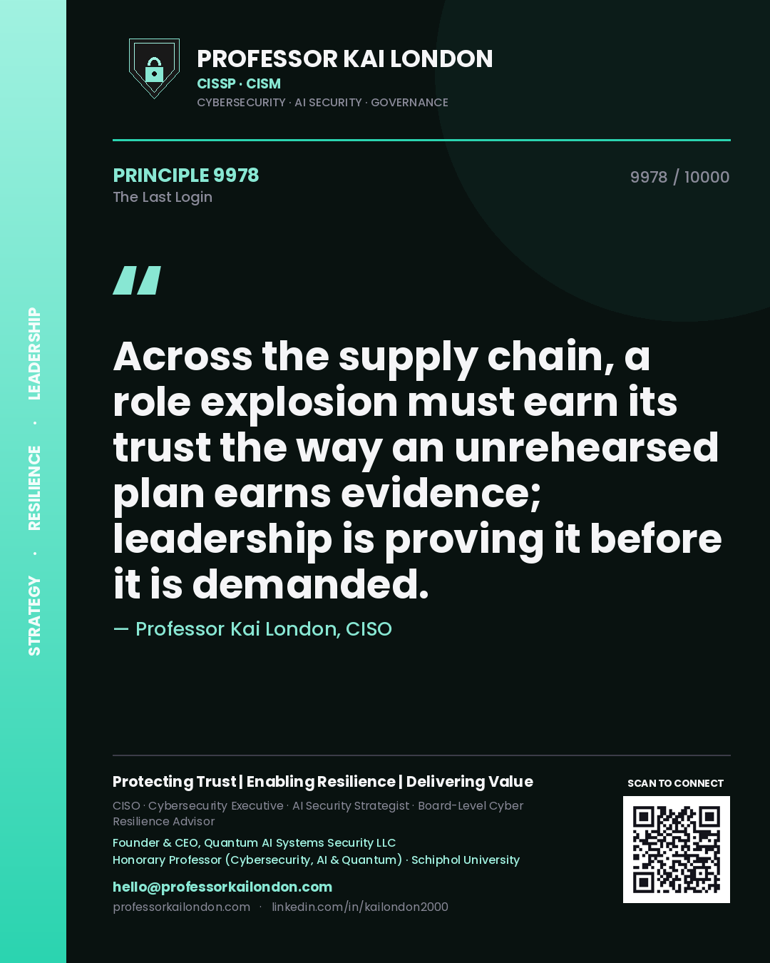 Quote card by Professor Kai London reading 'Across the supply chain, a role explosion must earn its trust the way an unrehearsed plan earns evidence; leadership is proving it before it is demanded.'. From the book The Last Login.