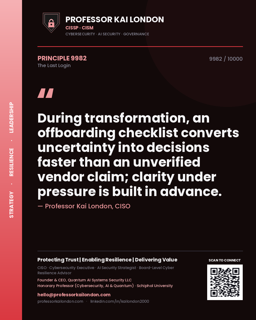 Quote card by Professor Kai London reading 'During transformation, an offboarding checklist converts uncertainty into decisions faster than an unverified vendor claim; clarity under pressure is built in advance.'. From the book The Last Login.