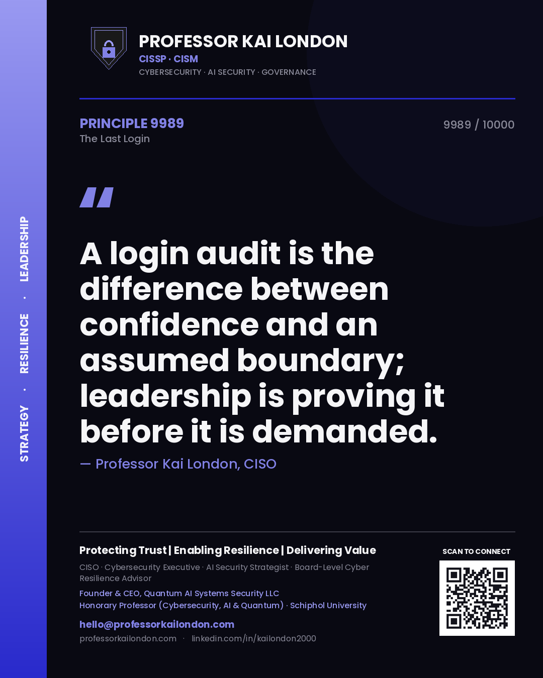 Professor Kai London principle 9989: A login audit is the difference between confidence and an assumed boundary; leadership is proving it before it is demanded.