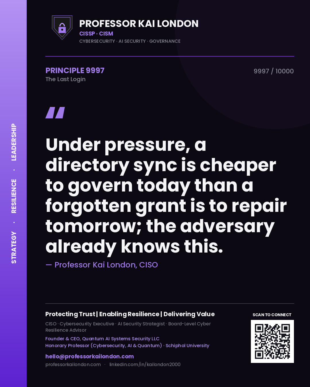 Quote card by Professor Kai London reading 'Under pressure, a directory sync is cheaper to govern today than a forgotten grant is to repair tomorrow; the adversary already knows this.'. From the book The Last Login.