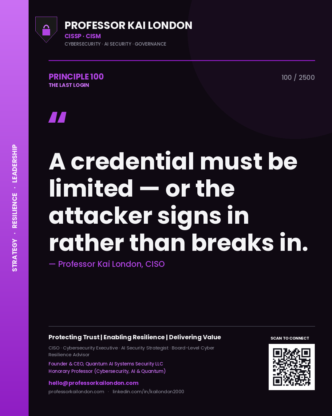 Quote card by Professor Kai London reading 'A credential must be limited — or the attacker signs in rather than breaks in.'. From the book The Last Login.