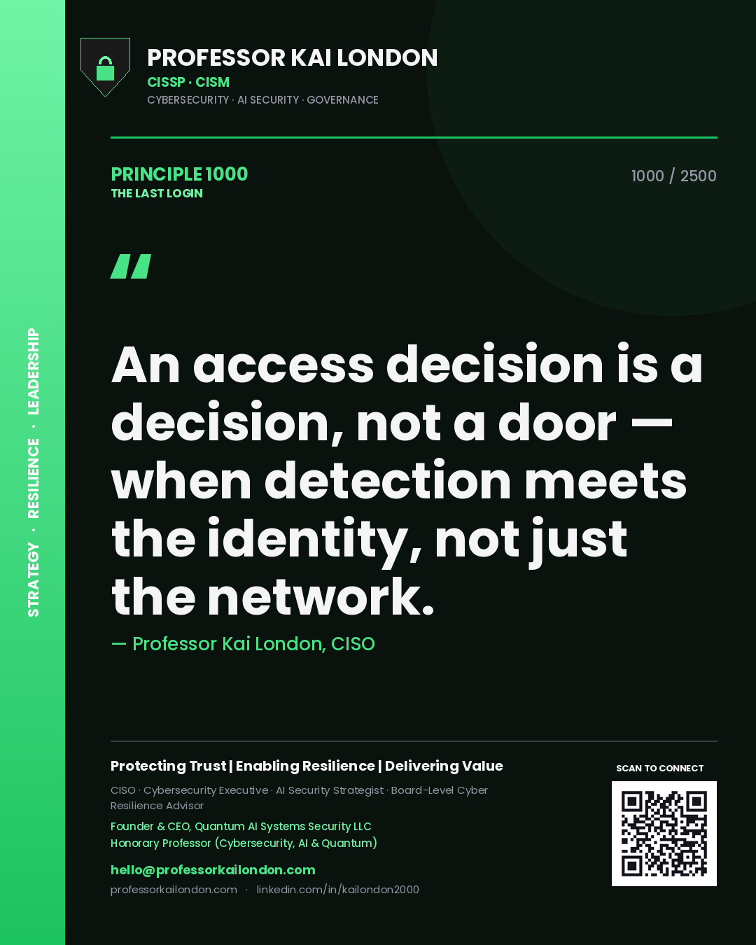 Quote card by Professor Kai London reading 'An access decision is a decision, not a door — when detection meets the identity, not just the network.'. From the book The Last Login.