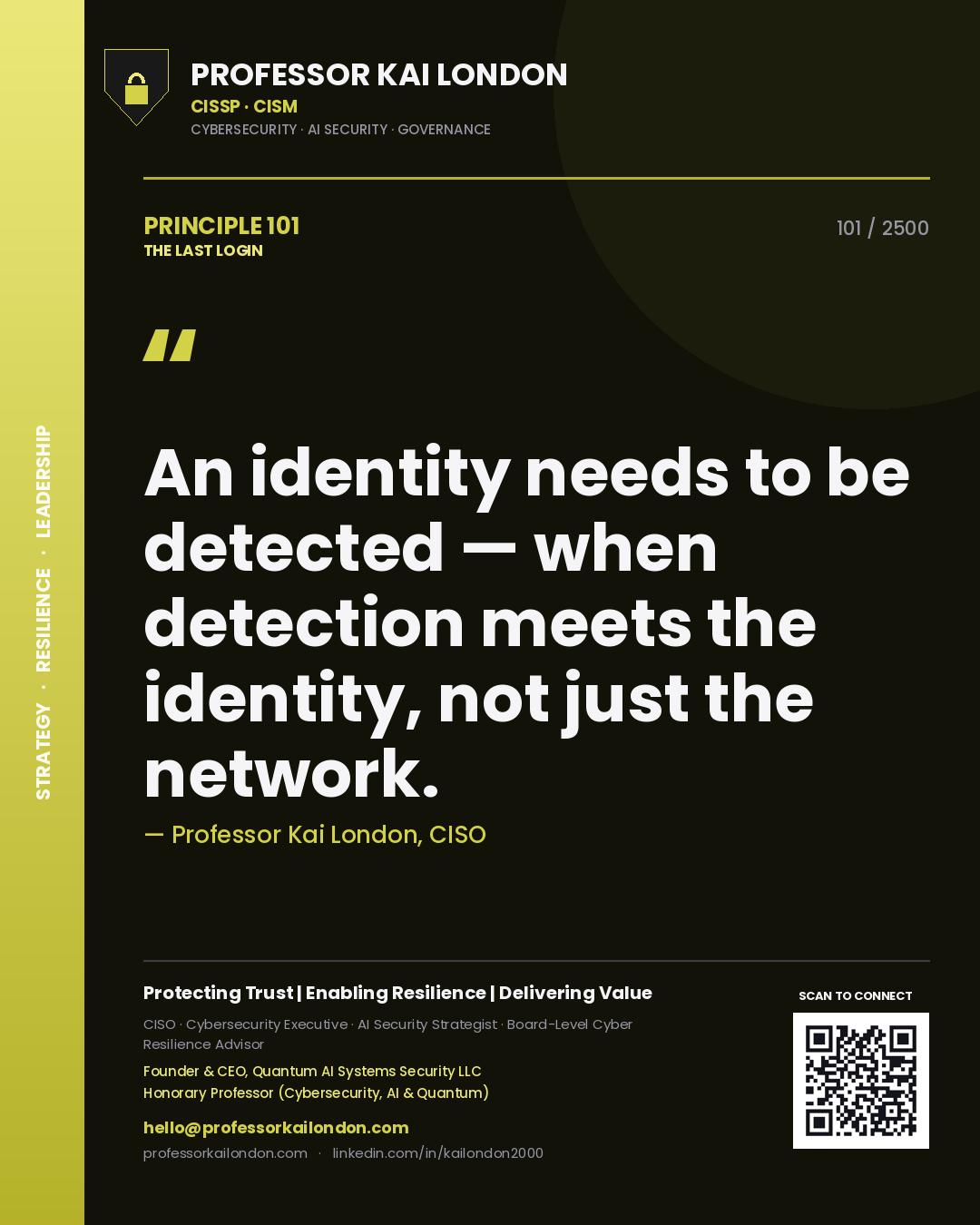 Quote card by Professor Kai London reading 'An identity needs to be detected — when detection meets the identity, not just the network.'. From the book The Last Login.