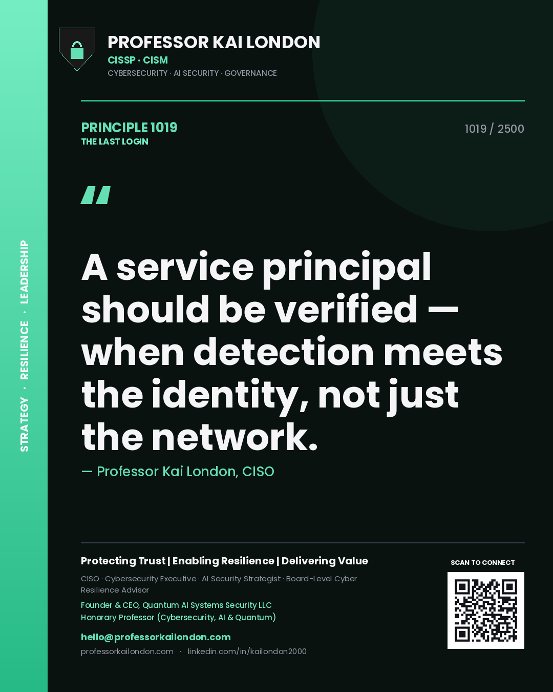 Quote card by Professor Kai London reading 'A service principal should be verified — when detection meets the identity, not just the network.'. From the book The Last Login.