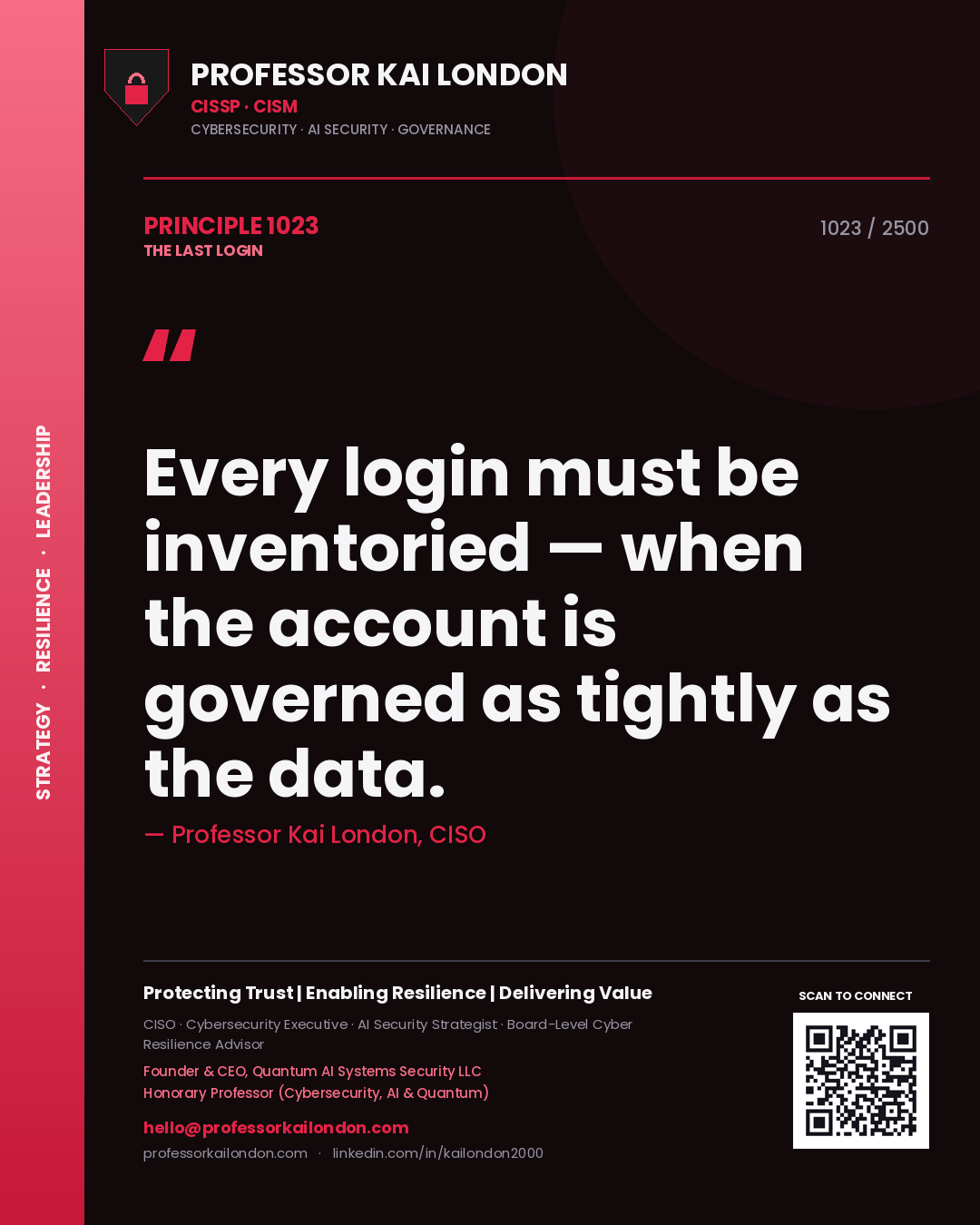 Professor Kai London principle 1023: Every login must be inventoried — when the account is governed as tightly as the data.