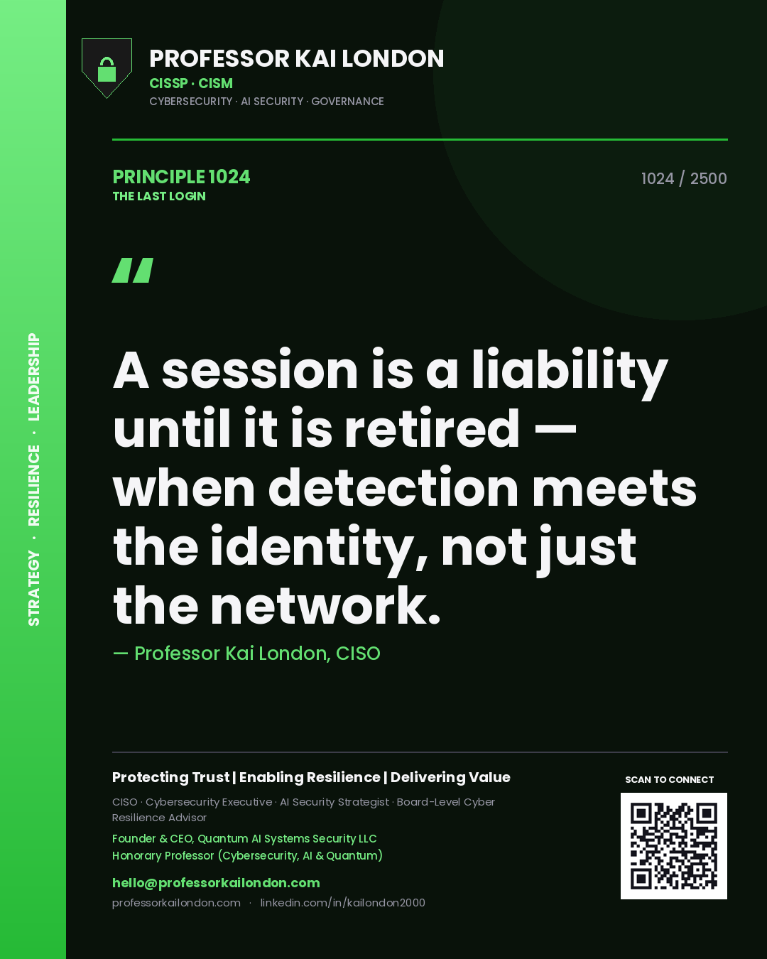 Quote card by Professor Kai London reading 'A session is a liability until it is retired — when detection meets the identity, not just the network.'. From the book The Last Login.