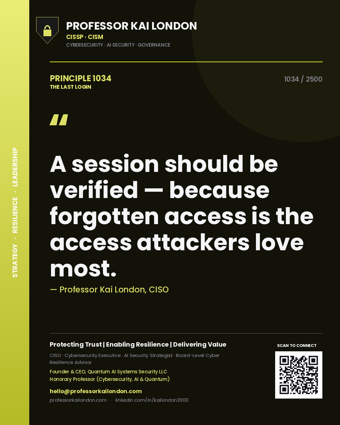 Quote card by Professor Kai London reading 'A session should be verified — because forgotten access is the access attackers love most.'. From the book The Last Login.