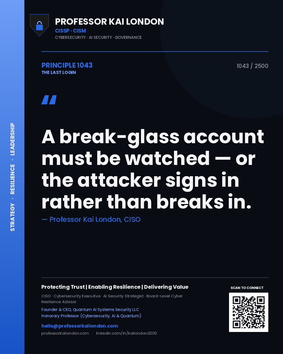 Quote card by Professor Kai London reading 'A break-glass account must be watched — or the attacker signs in rather than breaks in.'. From the book The Last Login.