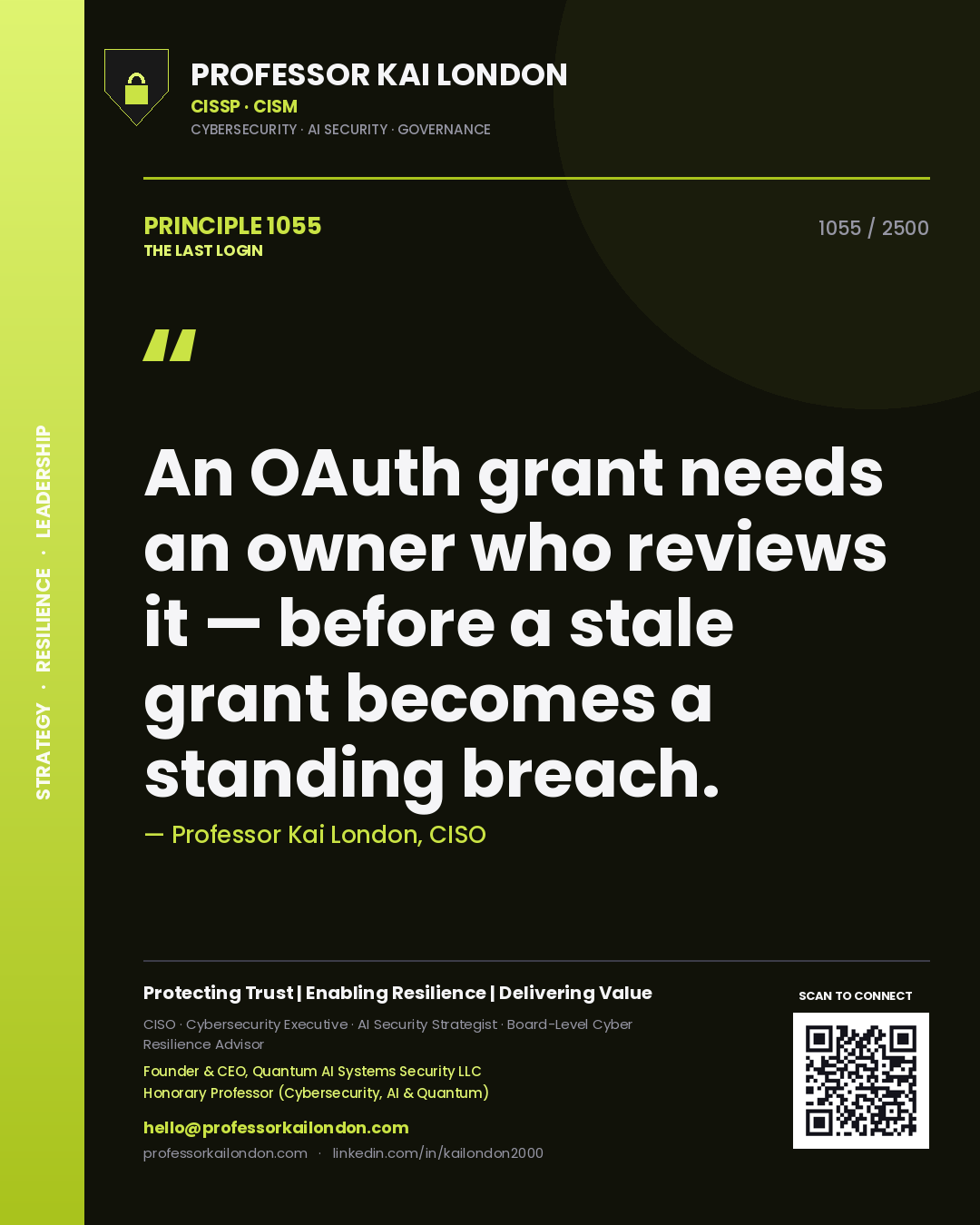 Professor Kai London principle 1055: An OAuth grant needs an owner who reviews it — before a stale grant becomes a standing breach.